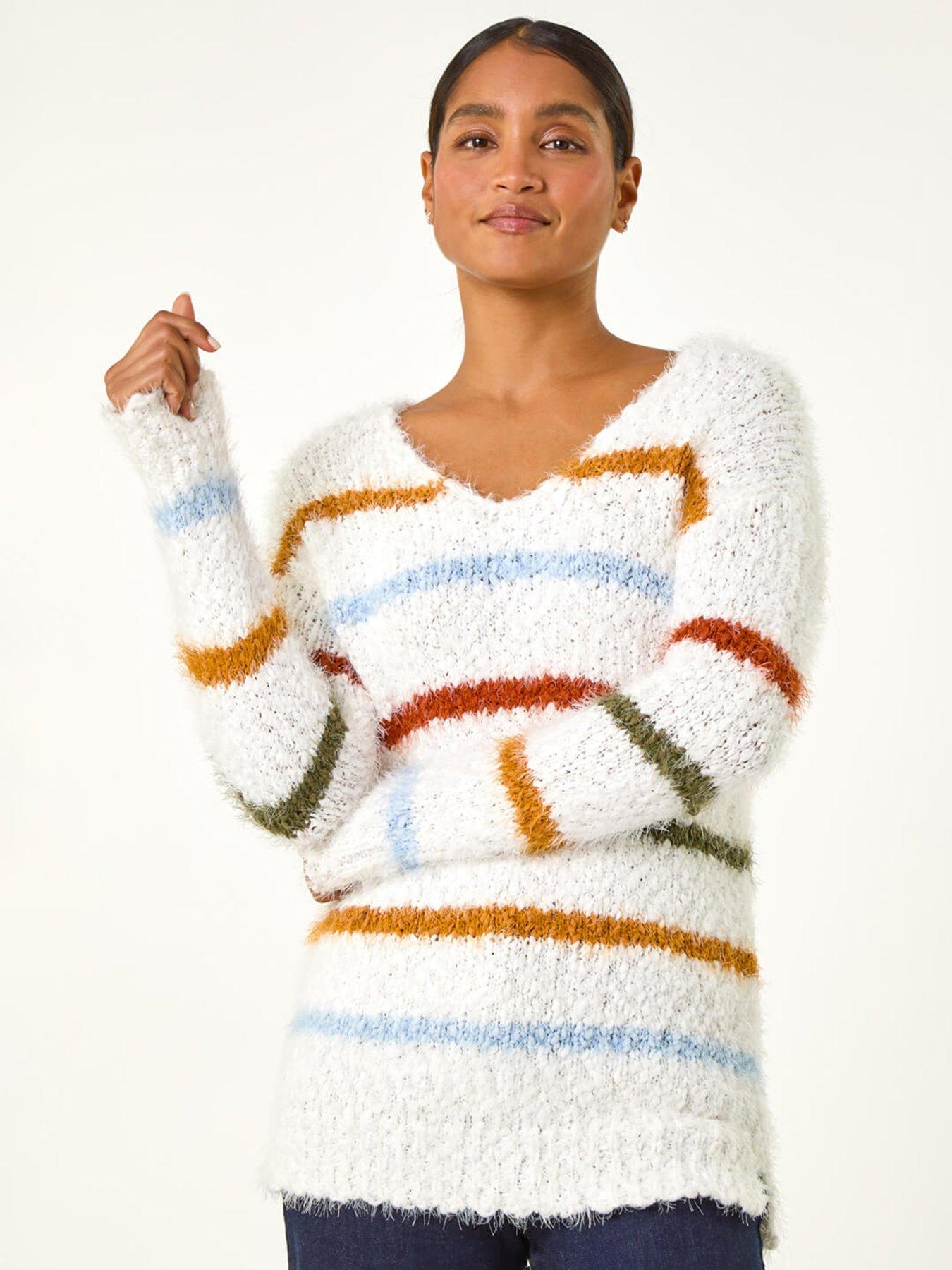 Roman Stripe Fluffy Knit Jumper - Ivory