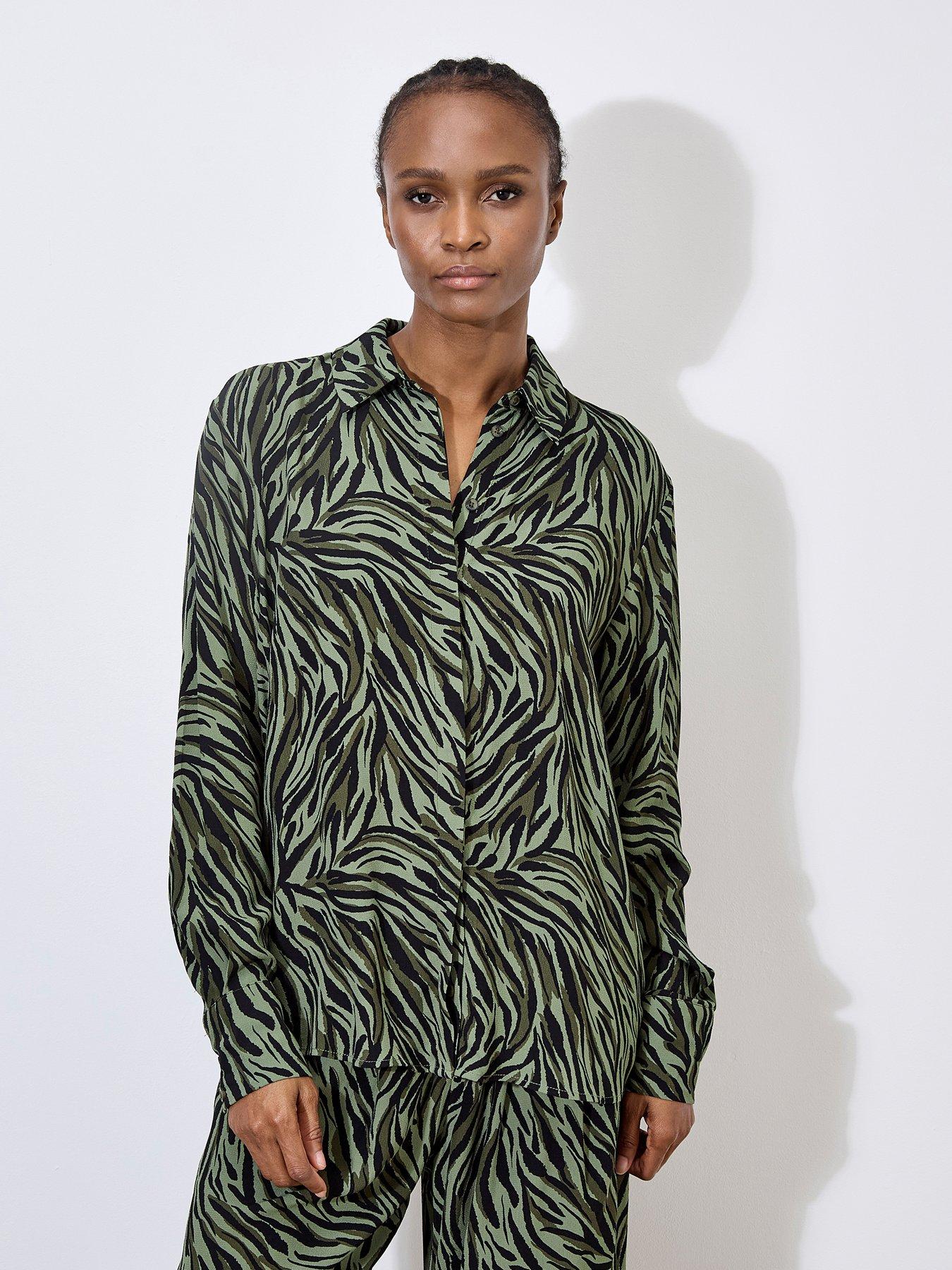 undefined Zebra Printed High Low Shirt - Khaki