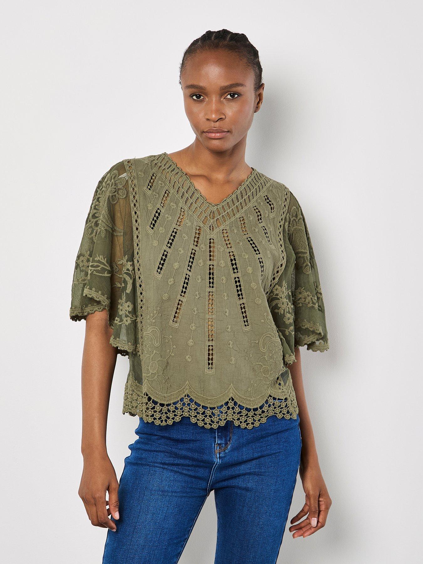 undefined Lace Detail Embroidered Mesh Top - Khaki