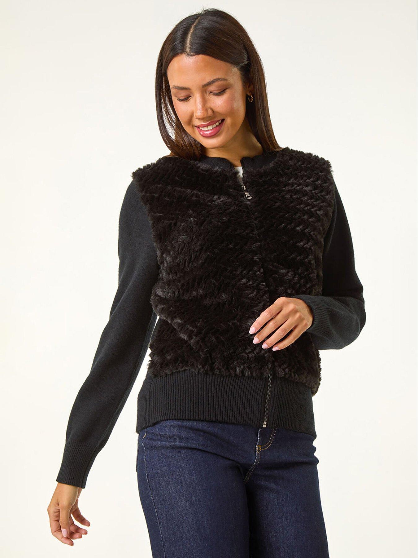 Image 1 of 6 of Roman Faux Fur Funnel Neck Zip Jacket - Black