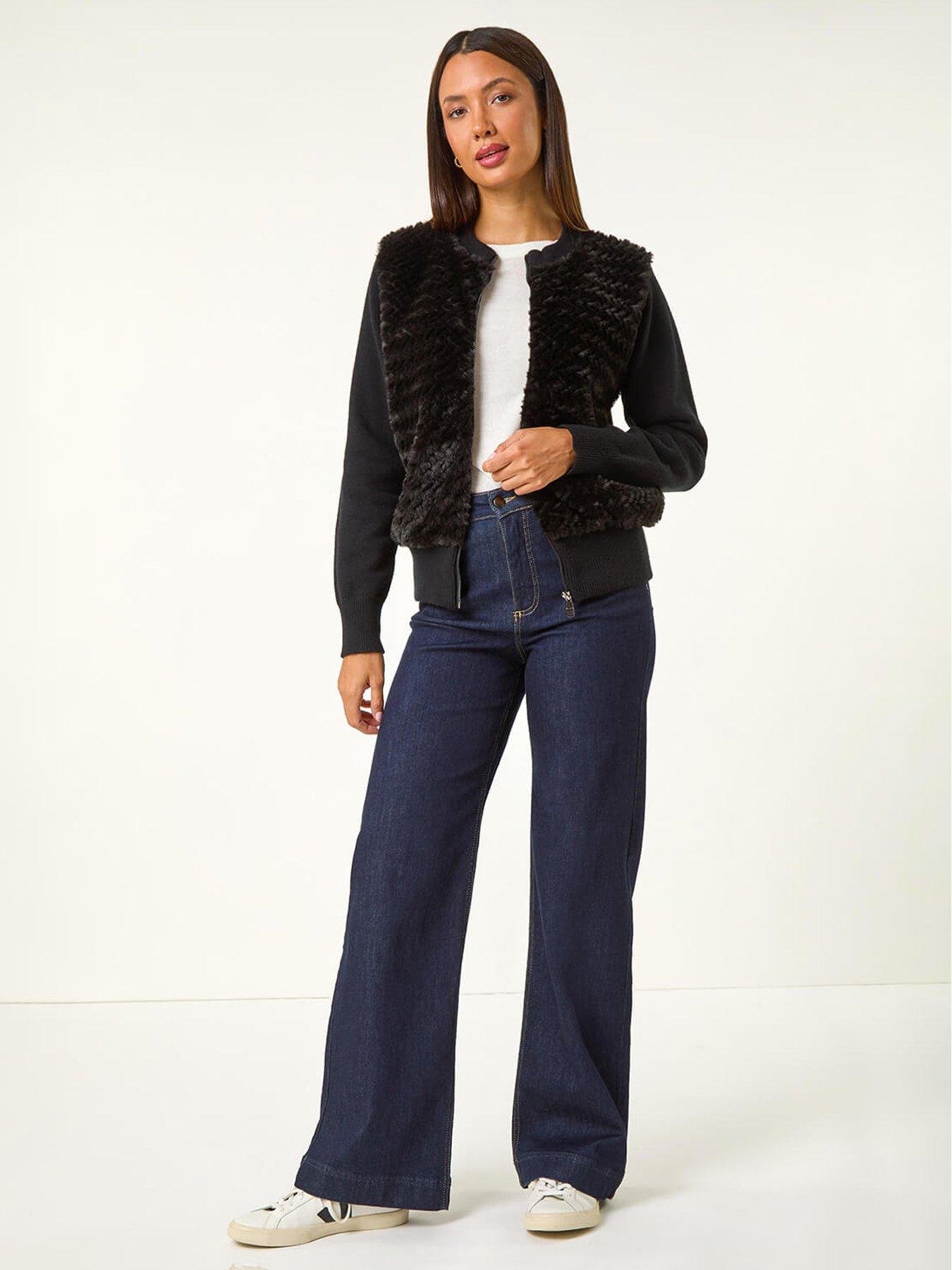Image 3 of 6 of Roman Faux Fur Funnel Neck Zip Jacket - Black