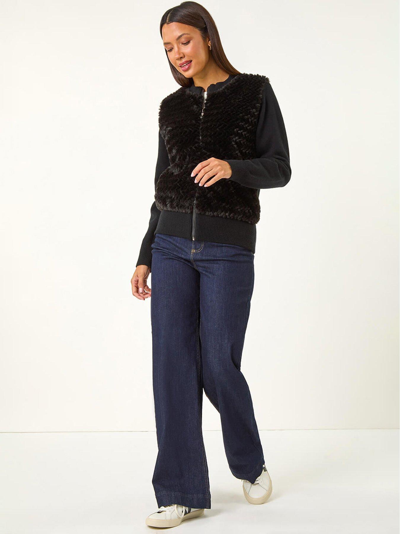Image 4 of 6 of Roman Faux Fur Funnel Neck Zip Jacket - Black