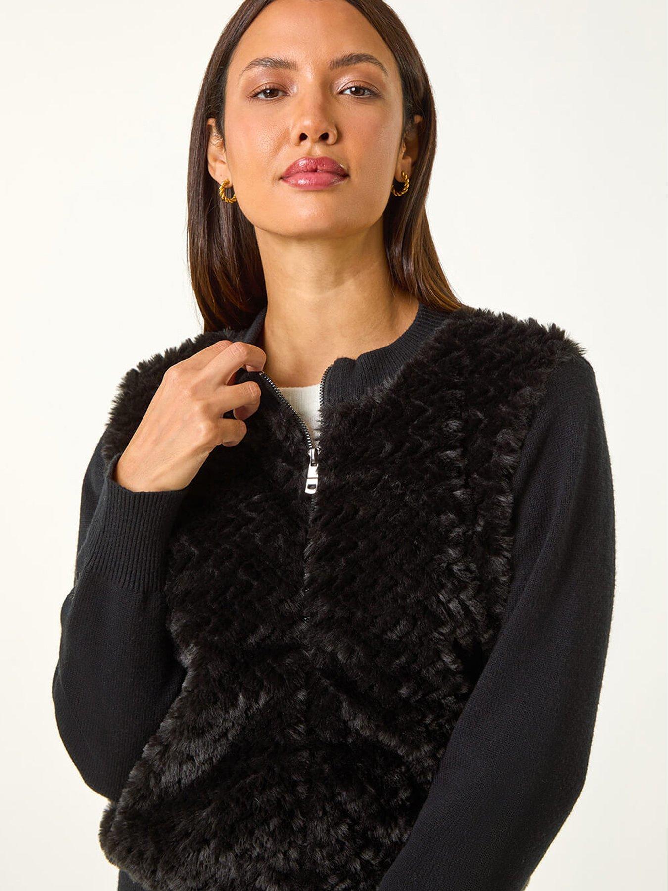Image 5 of 6 of Roman Faux Fur Funnel Neck Zip Jacket - Black