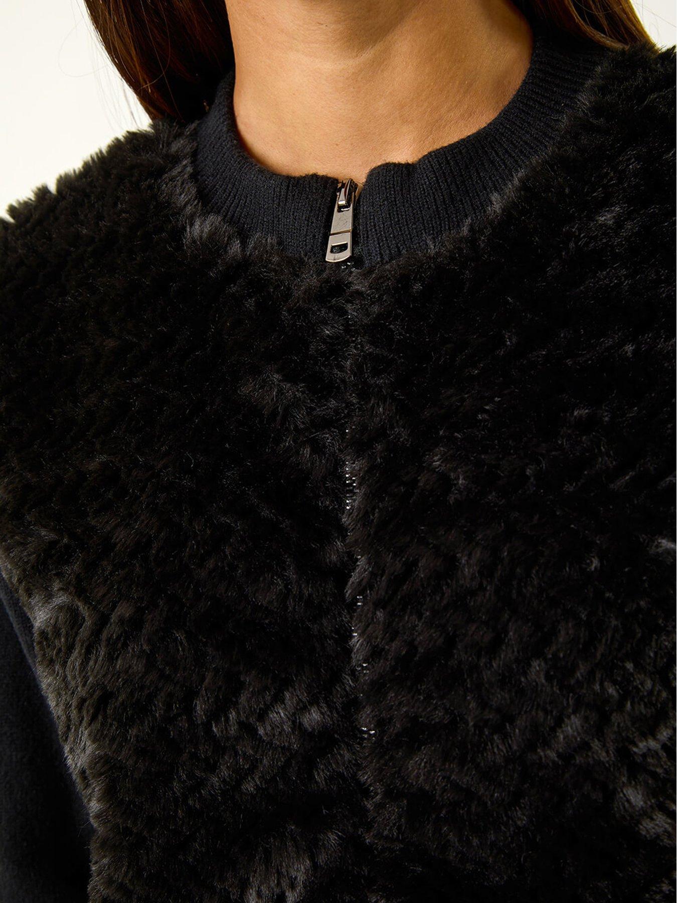 Image 6 of 6 of Roman Faux Fur Funnel Neck Zip Jacket - Black