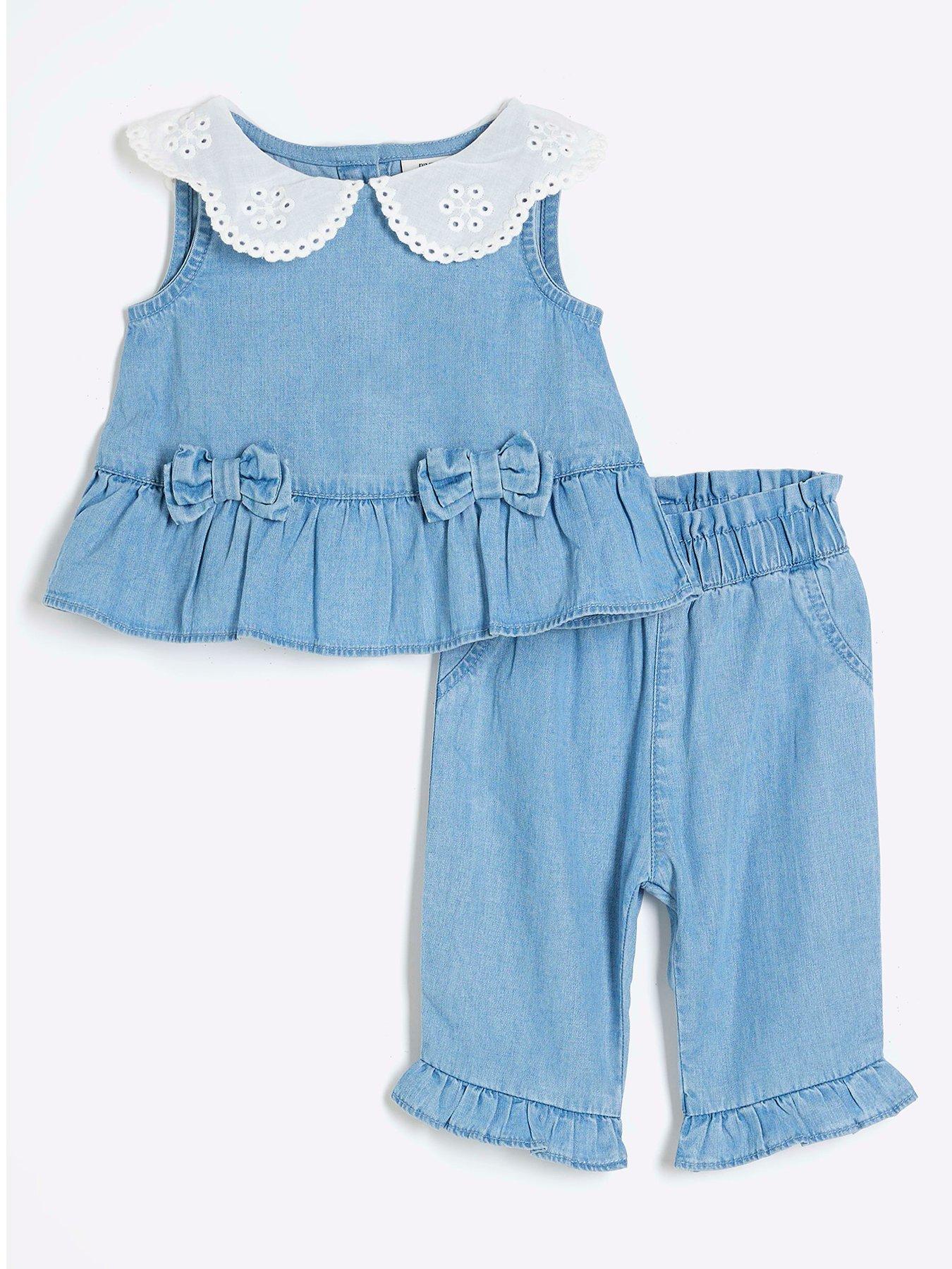 undefined Baby Girls Chambray Collar Blouse Set - Light Blue