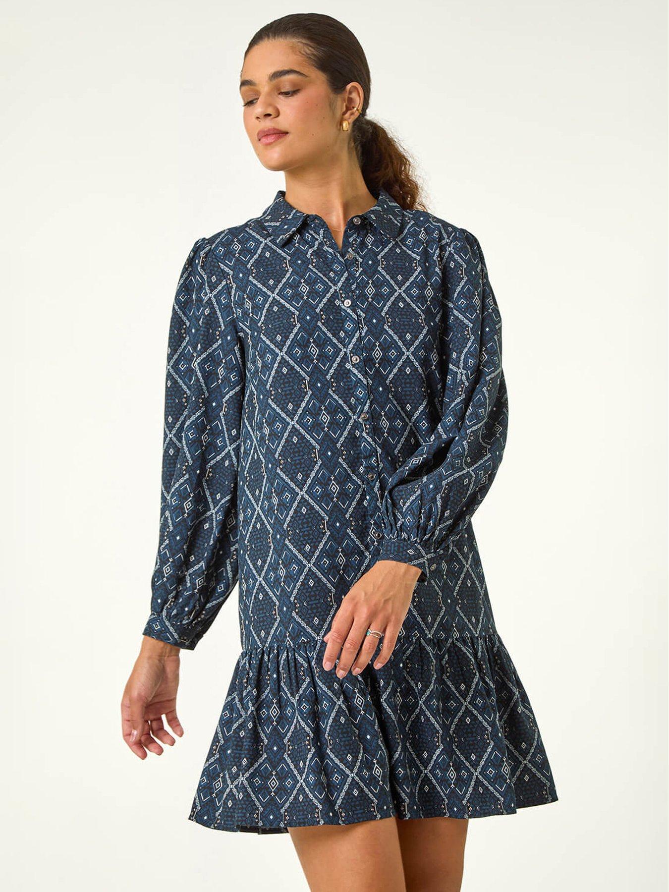 undefined Geometric Print Button Detail Shirt Dress - Blue