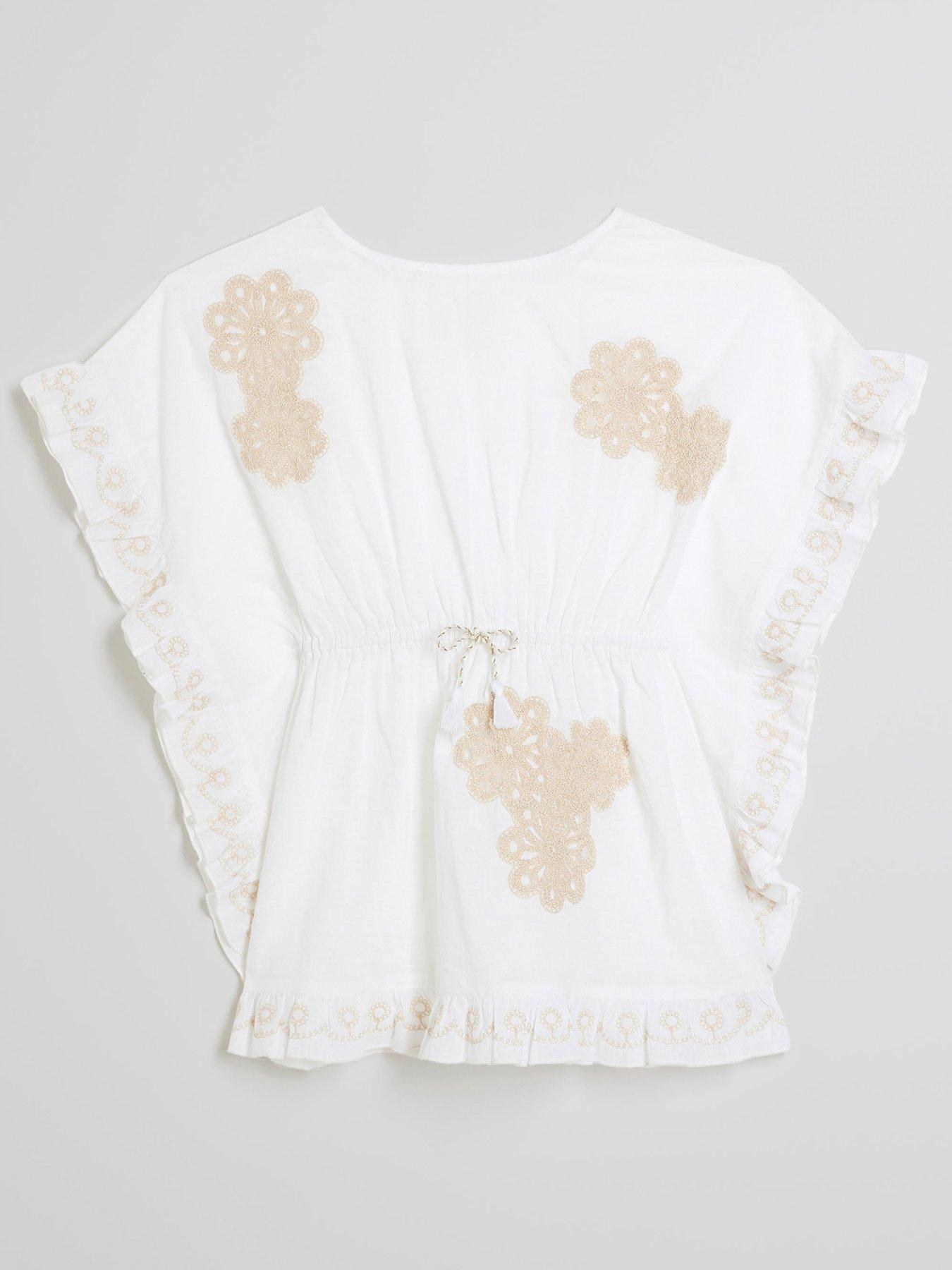 undefined Girls Crochet Floral Kaftan - White