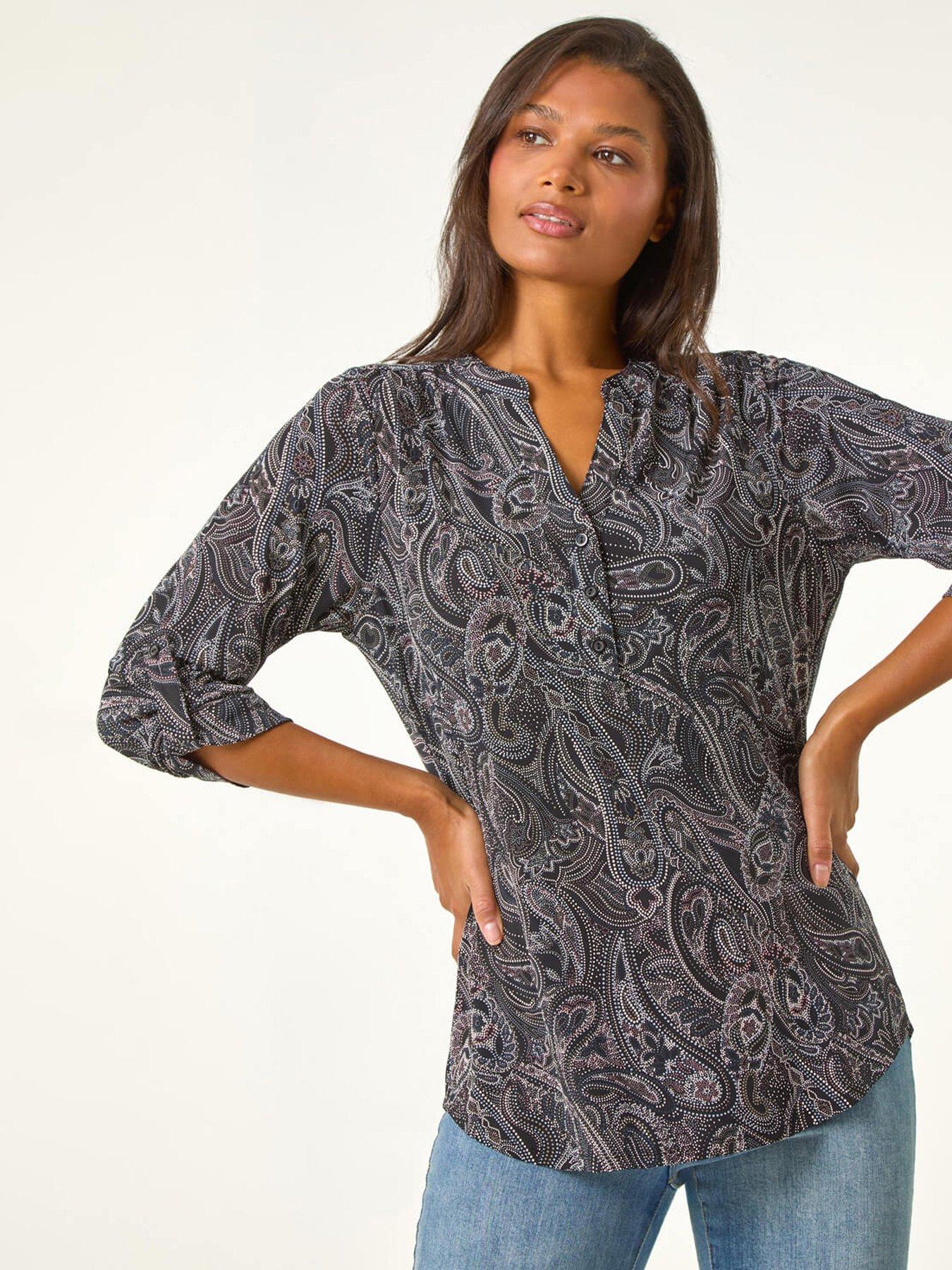 roman-textured-paisley-print-stretch-blouse-grey