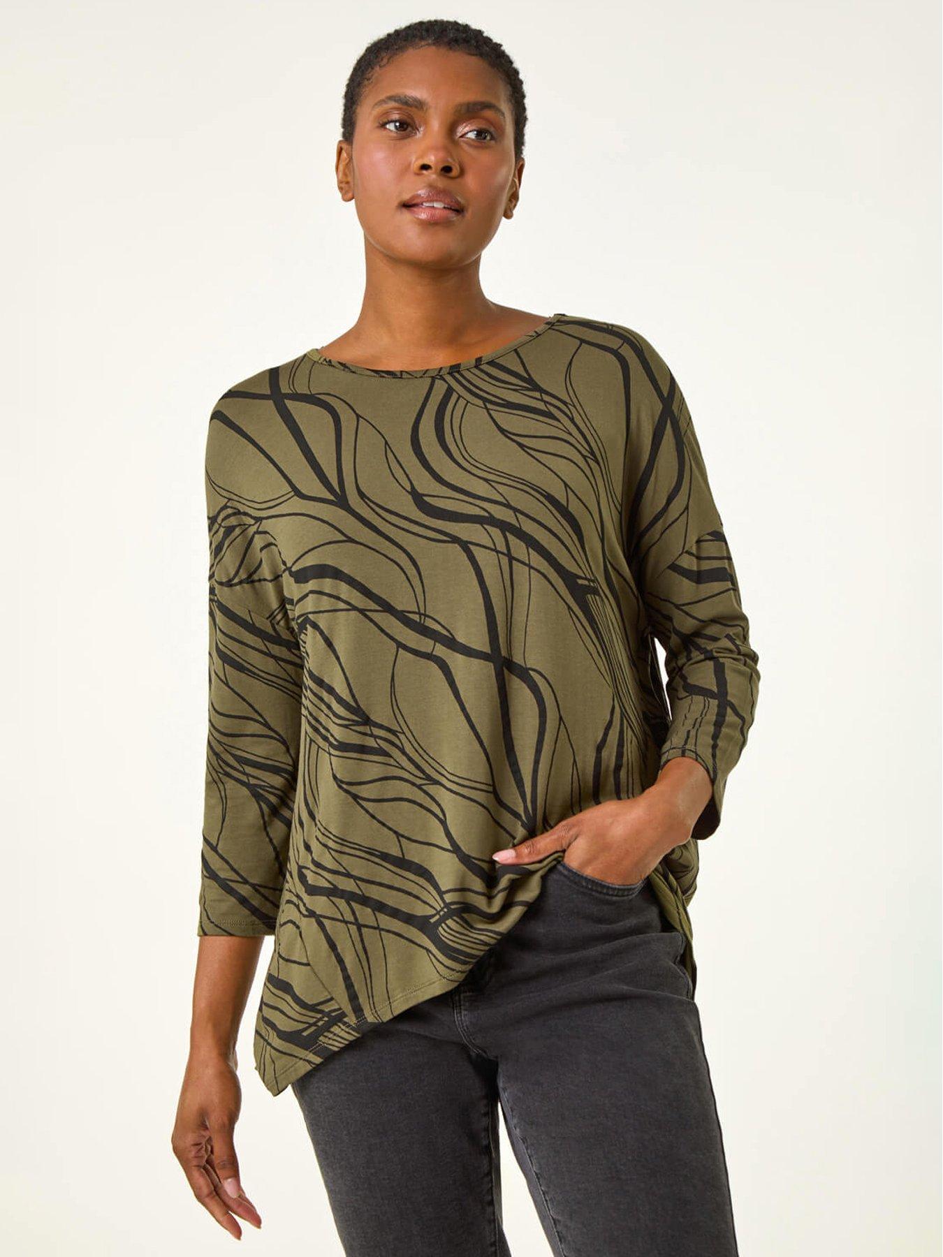 undefined Abstract Line Print Stretch Jersey Top - Khaki
