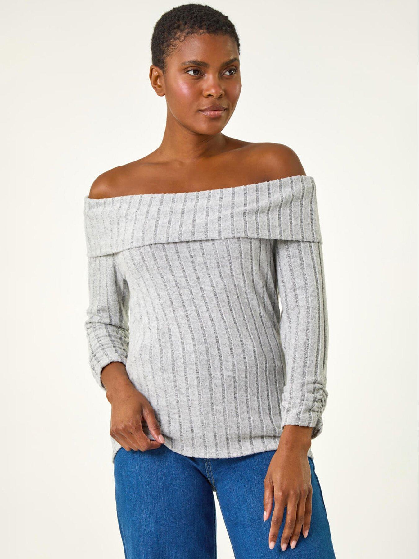 undefined Soft Ribbed Bardot Stretch Top - Light Grey