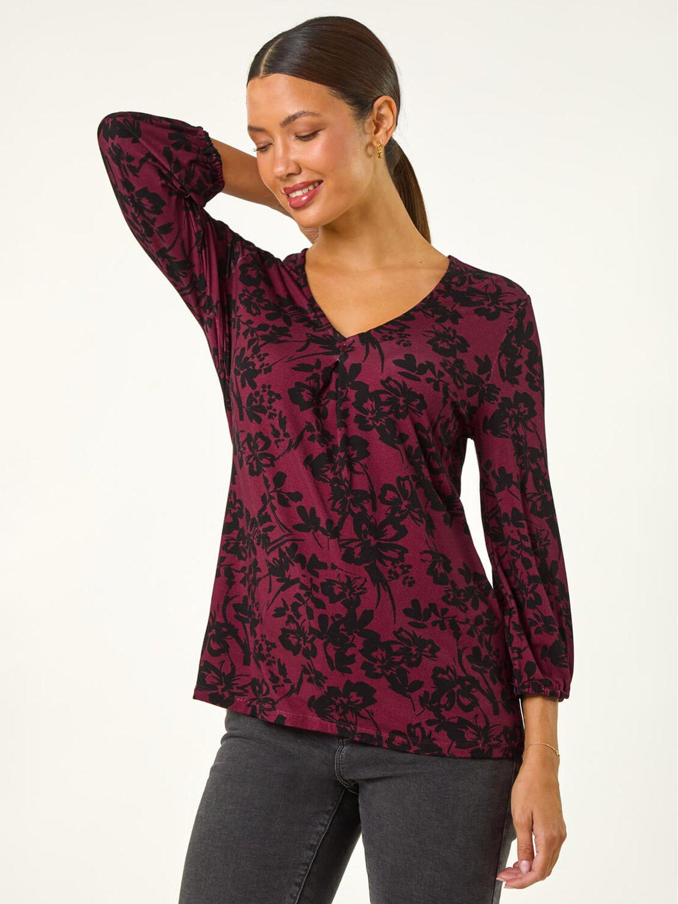 undefined Floral Pleat Front Top - Wine