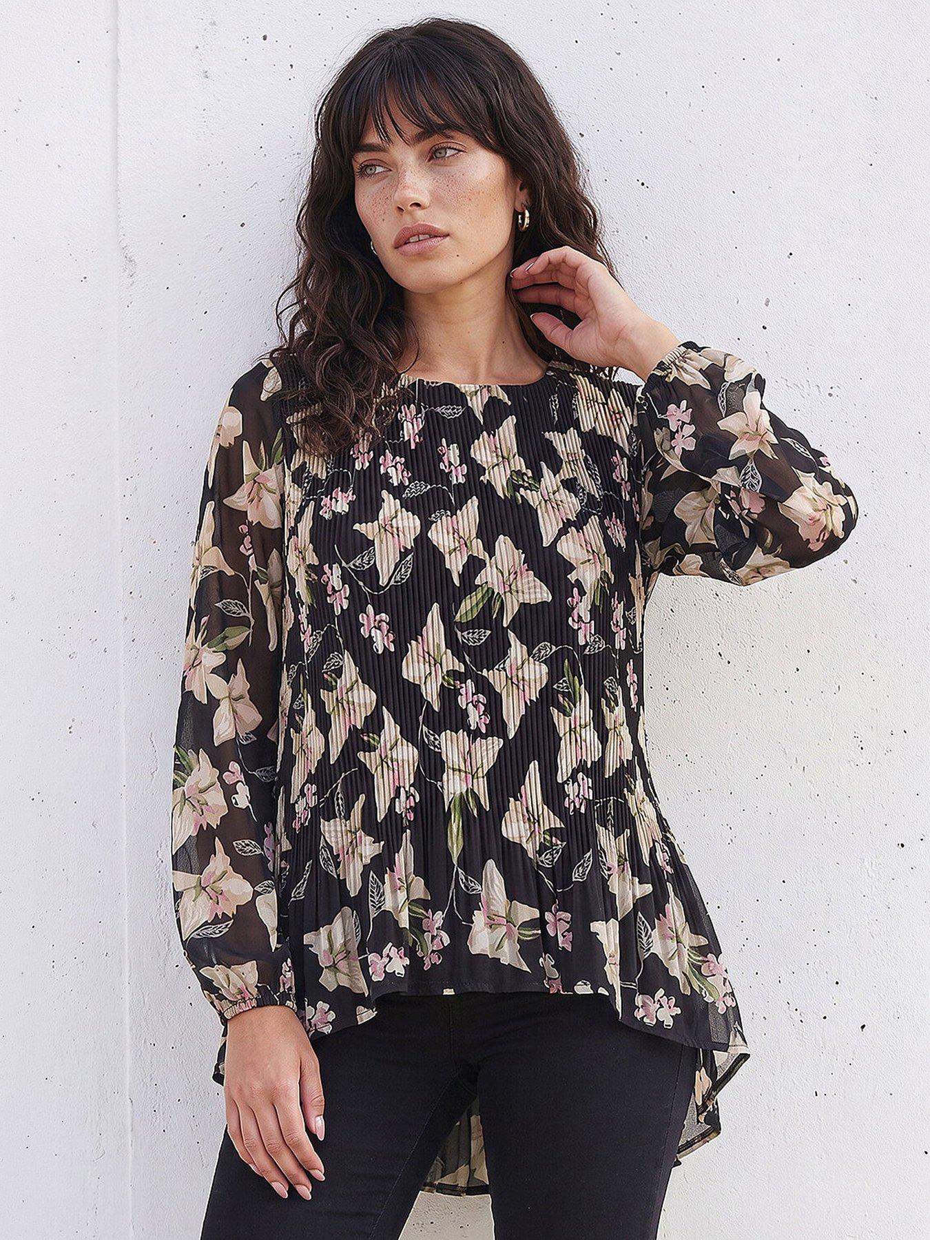Roman Women's Black Floral Print Pleated Top - Image 3