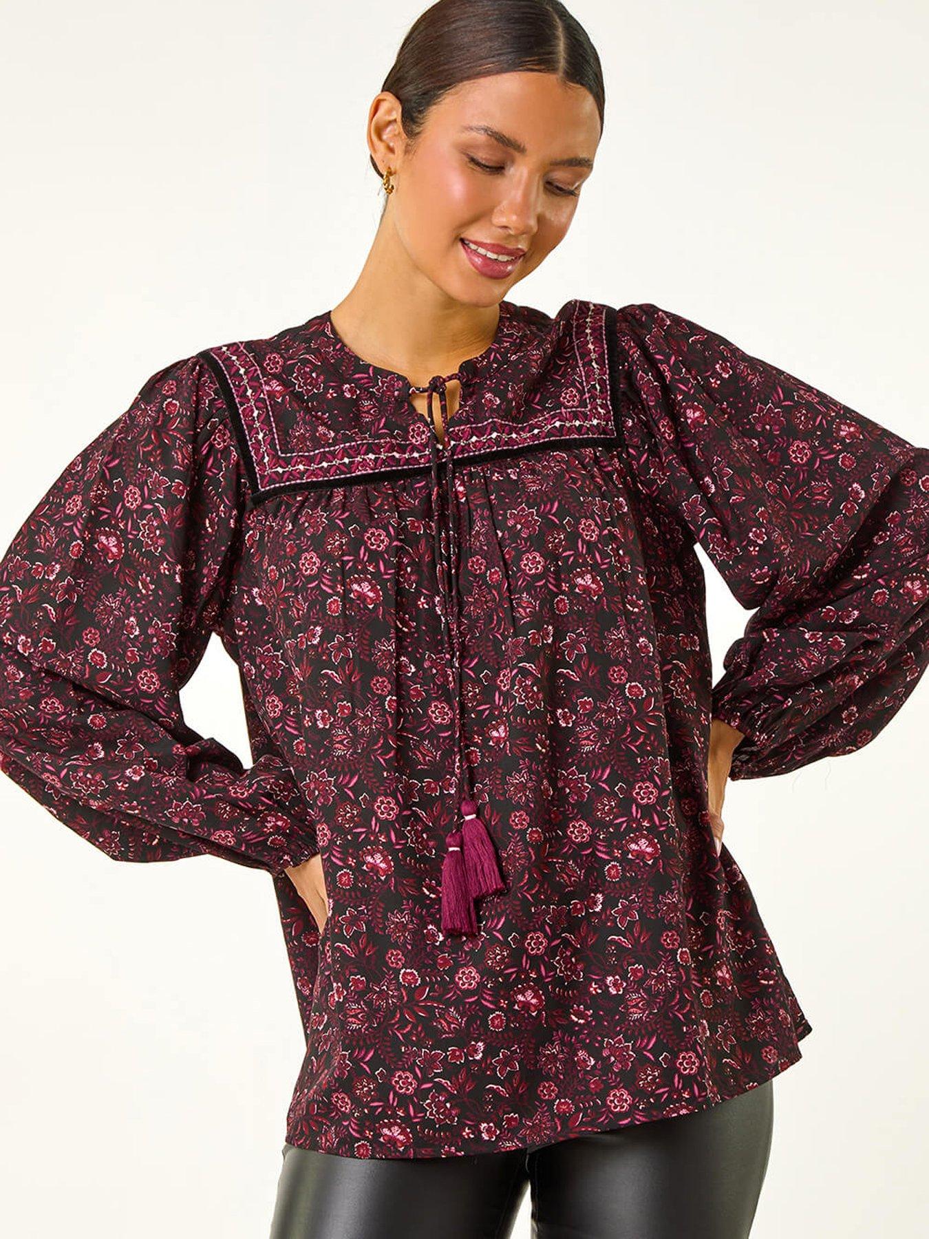 undefined Floral Print Tie Front Top - Purple
