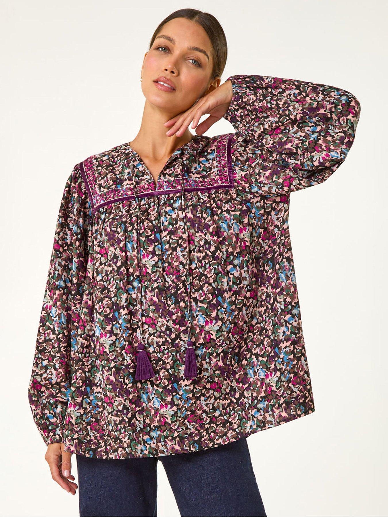 undefined Floral Print Tie Front Top - Black