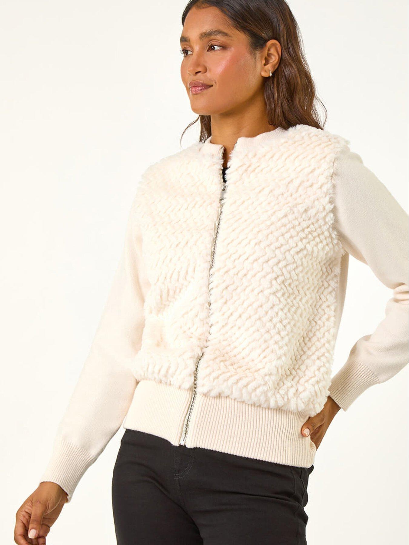 undefined Faux Fur Funnel Neck Zip Jacket - Ivory