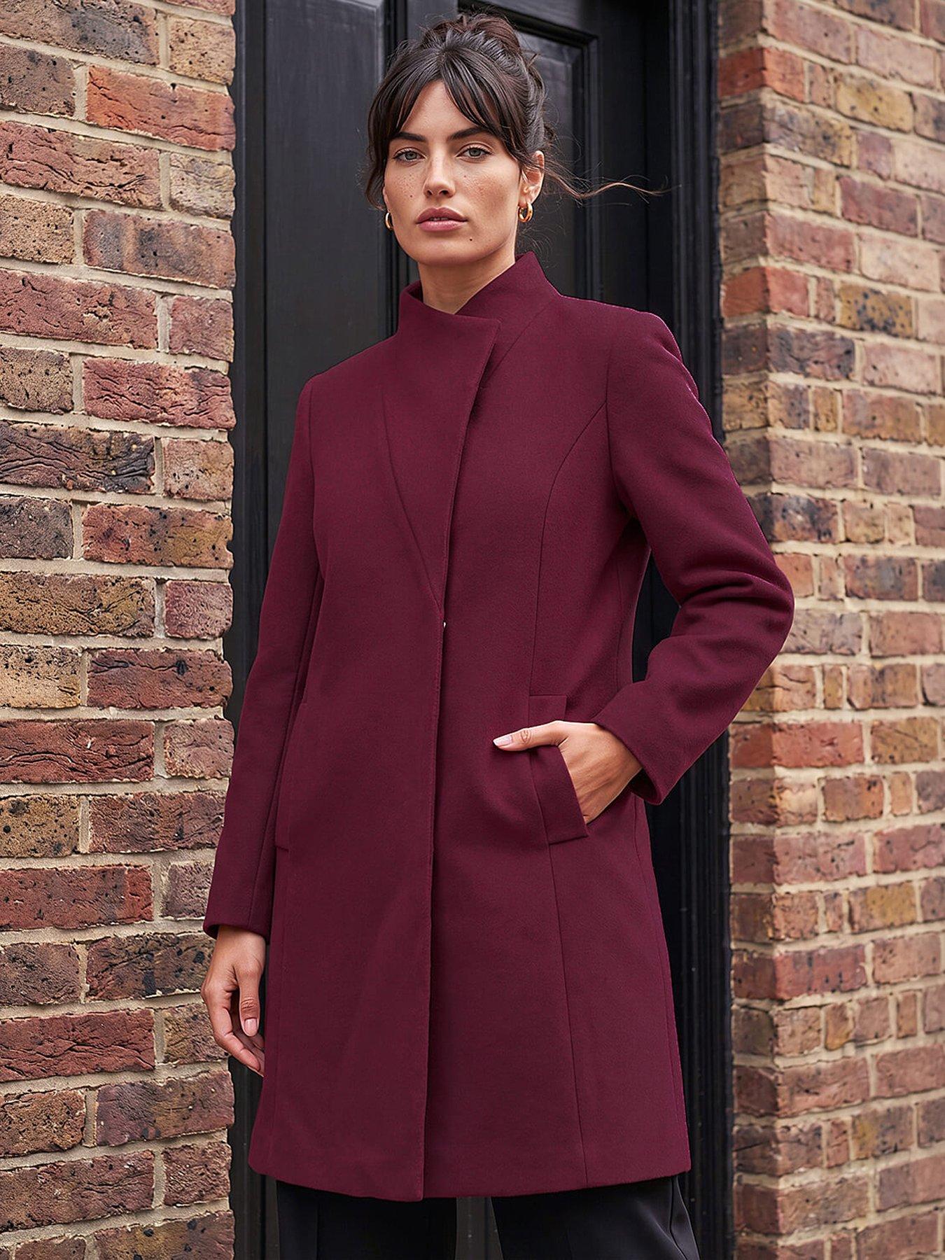 Roman Women's Bordeaux Tailored Funnel Neck Pocket Detail Coat Size 12 - Image 2