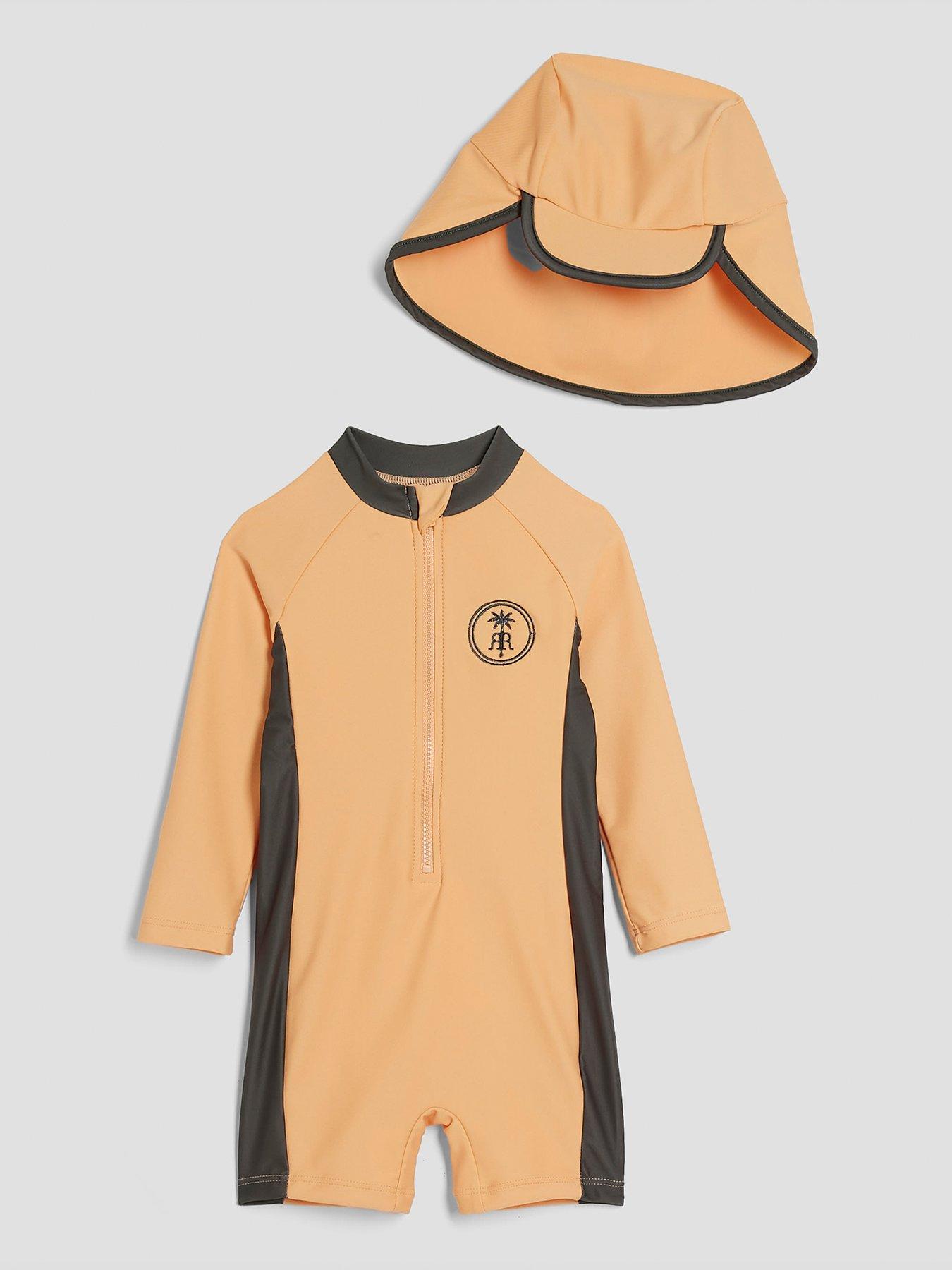 River Island Mini Boys Palm Swim Rashsuit  &  Hat Set - Orange