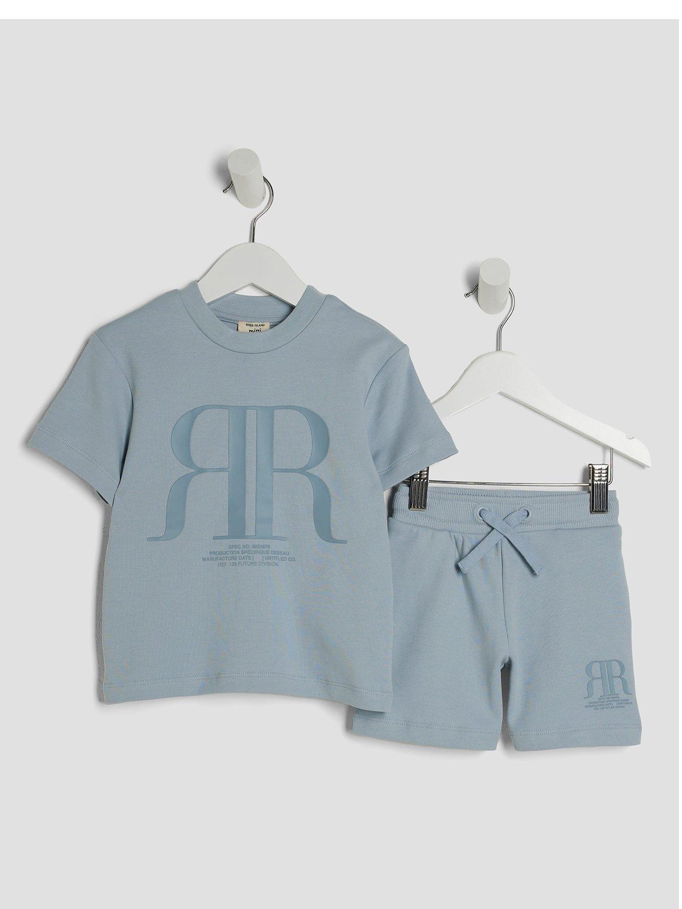 Image 1 of 5 of River Island Mini Boys RR T-Shirt And Short Sets - Blue