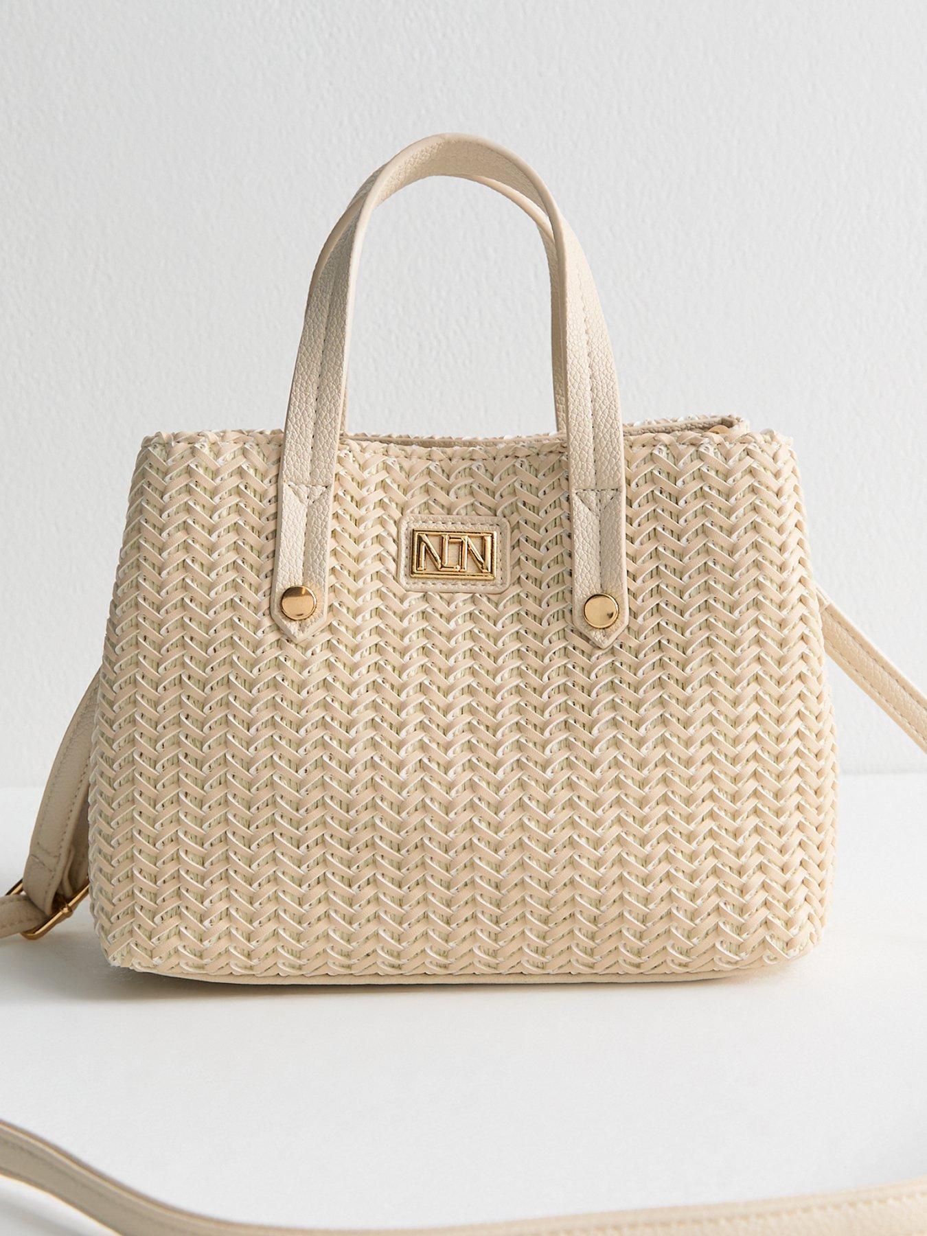 undefined Cream Faux Leather Woven Mini Tote Bag