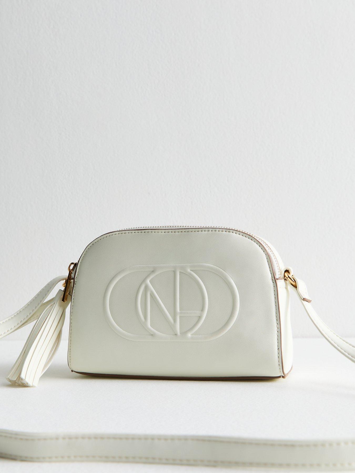 undefined White Faux Leather Logo Embossed Crossbody Bag