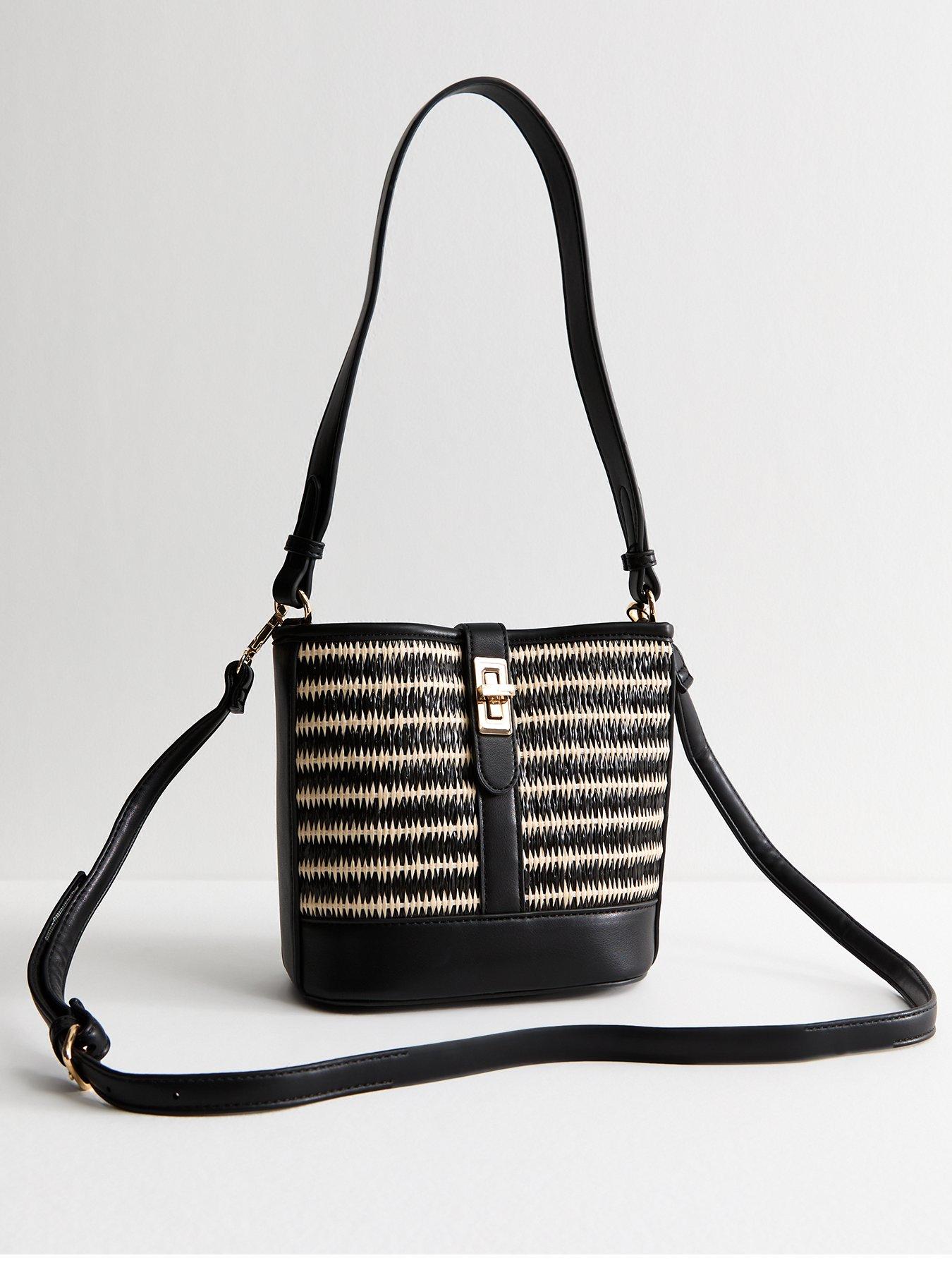 undefined Black Faux Leather Twist Lock Raffia Look Stripe Bucket Bag