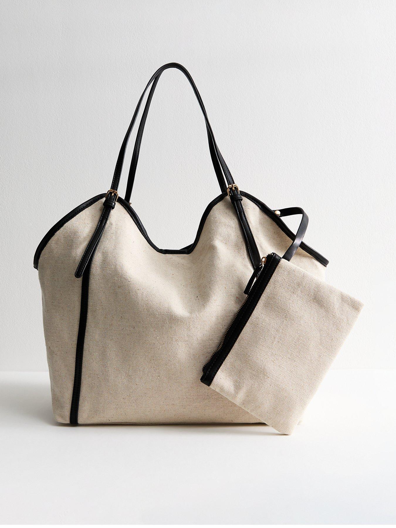 undefined Stone Faux Leather Trim Canvas Tote Bag And Pouch Duo