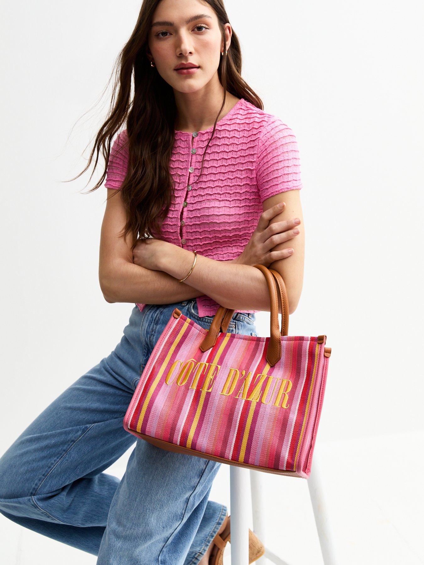 Image 2 of 5 of New Look Cote D-Azur Striped Canvas Tote Bag - Pink
