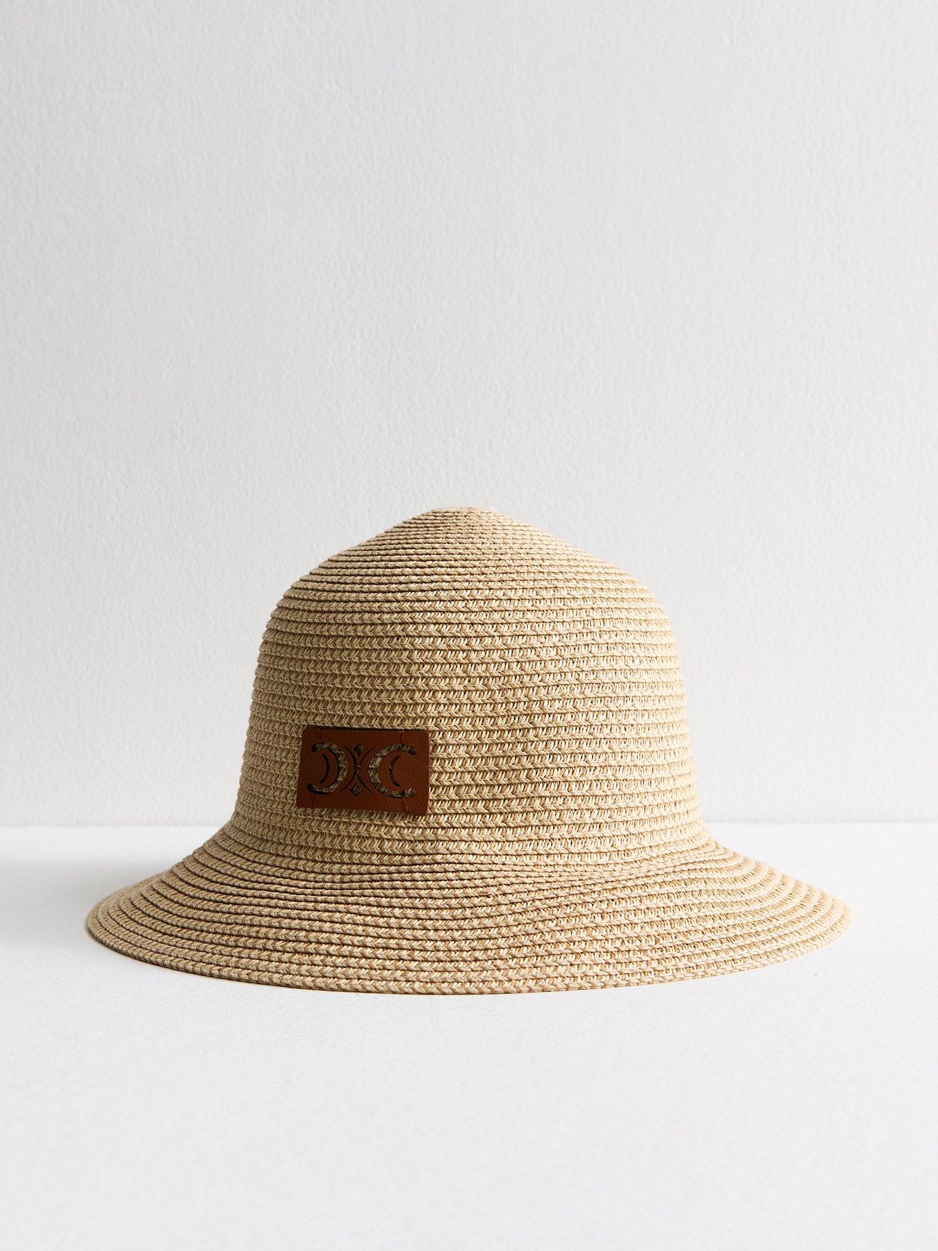 Image of New Look Brown Faux Leather Patch Straw Effect Bucket Hat