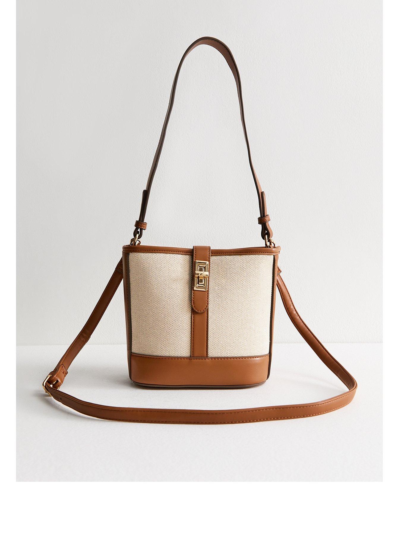 undefined Brown Faux Leather Twist Lock Canvas Bucket Bag