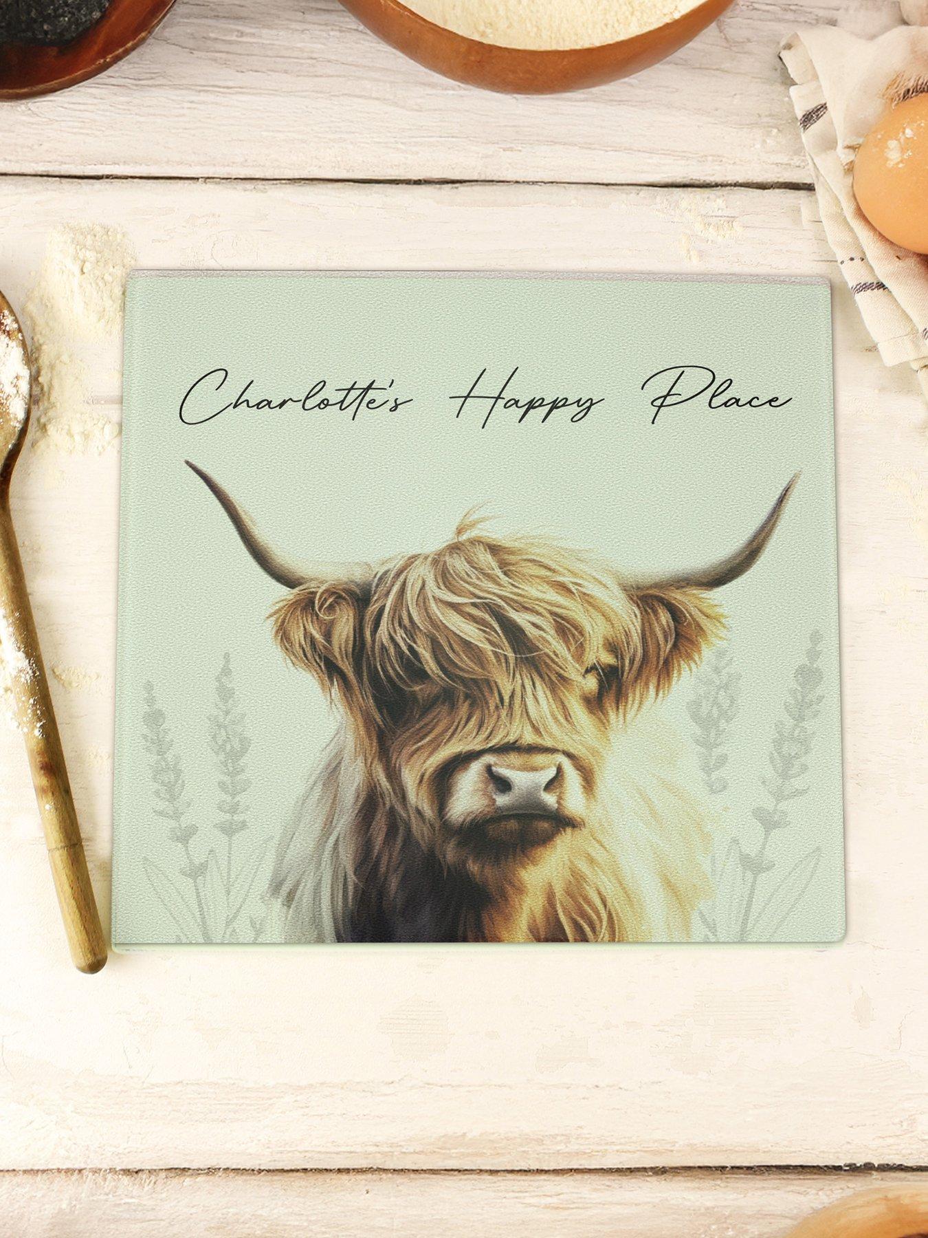 Image 1 of 3 of The Personalised Memento Company Personalised Highland Cow Glass Chopping Board