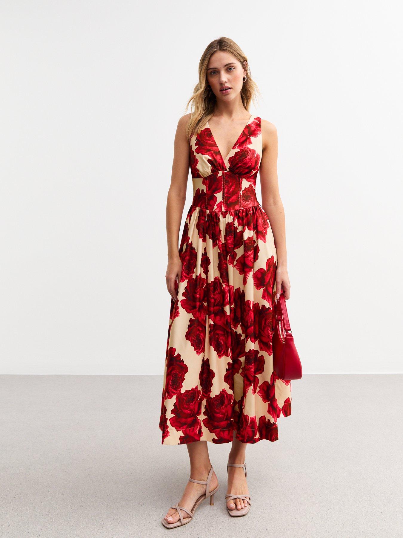 undefined Light Pink Rose Print Corset Midi Dress