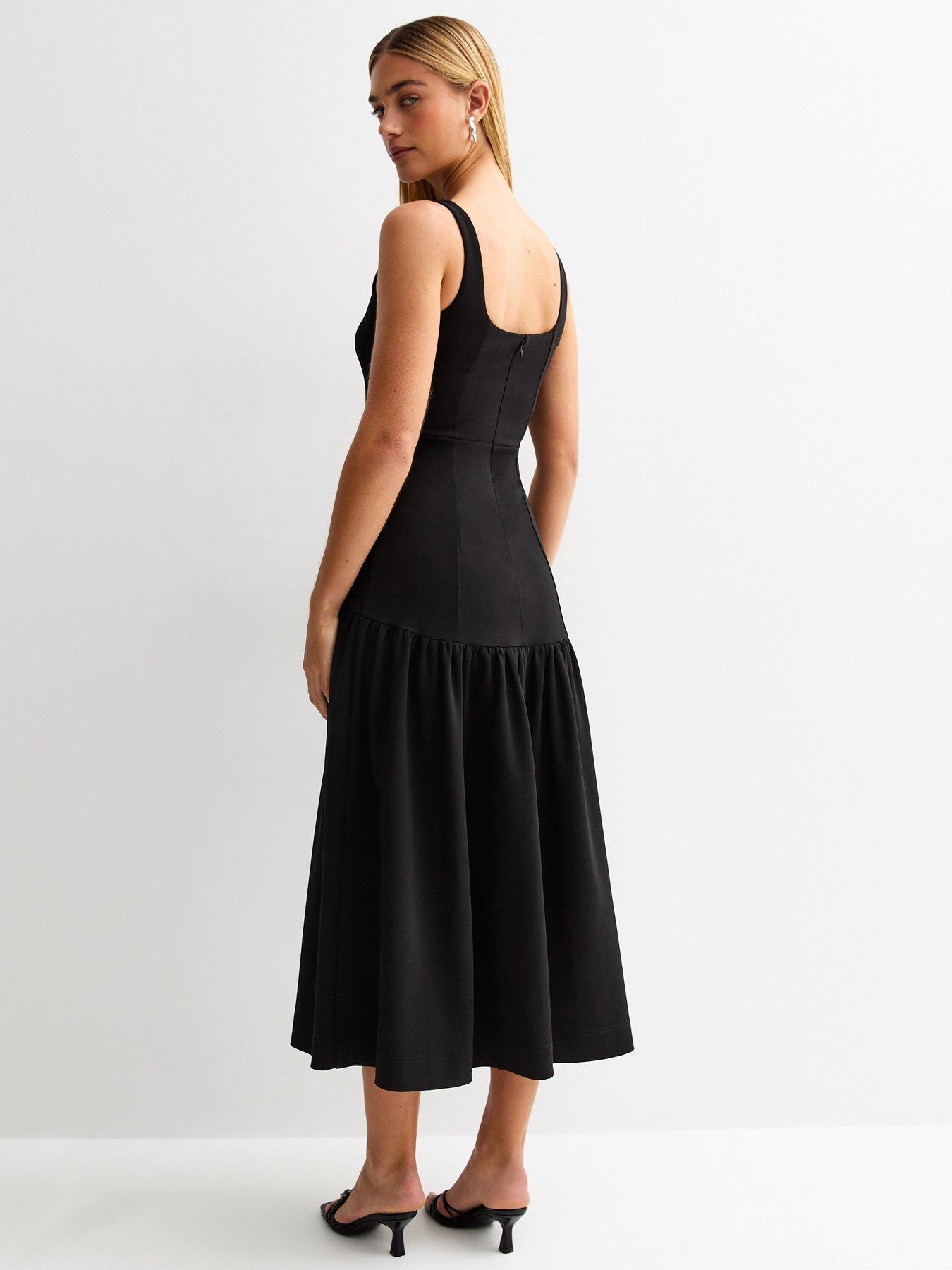 Fitted Square-Neck Black Midi Gown