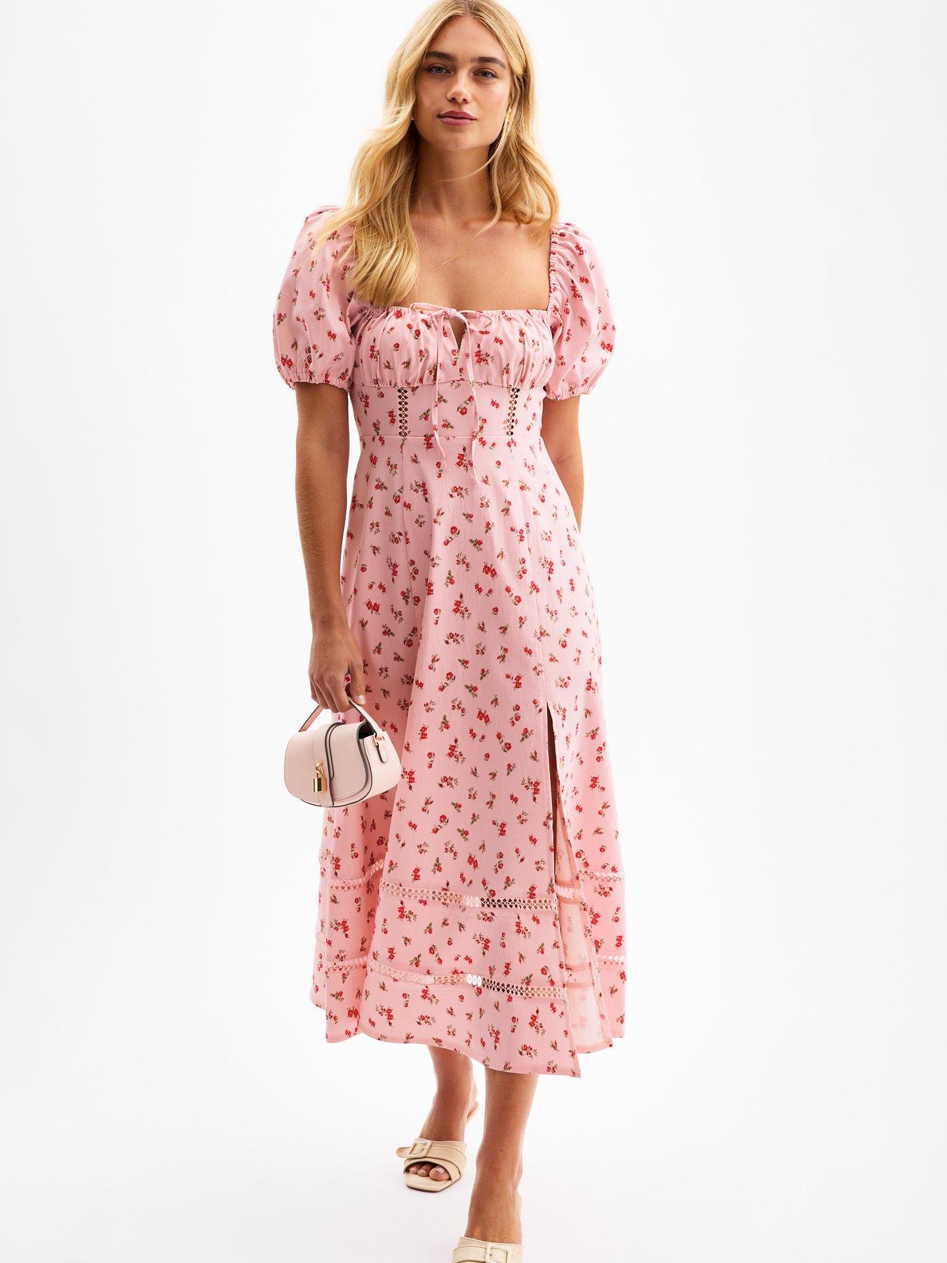 undefined Pink Pattern Trim Milkmaid Dress