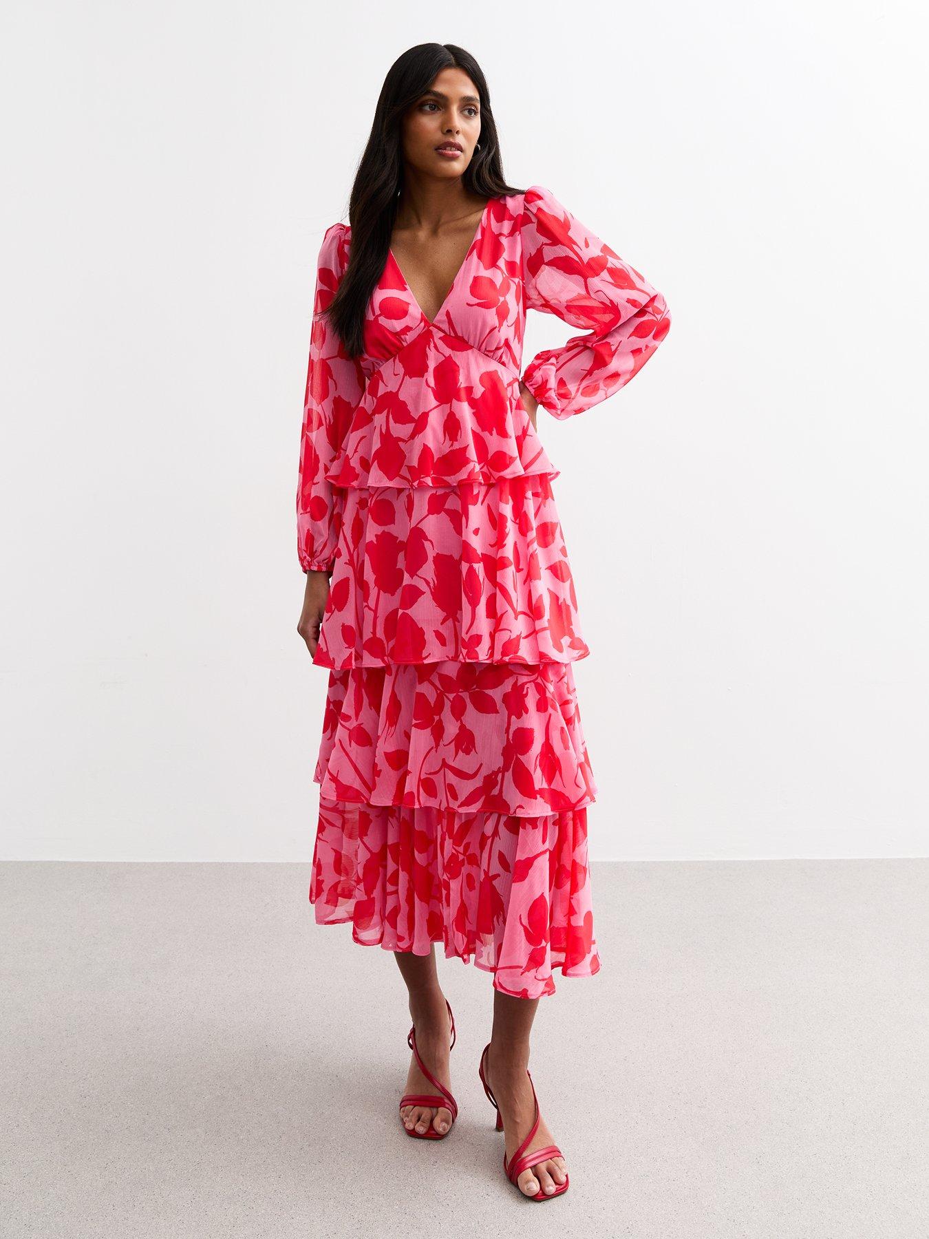 Image 1 of 4 of New Look Pink Floral Print Tiered Chiffon Midi Dress