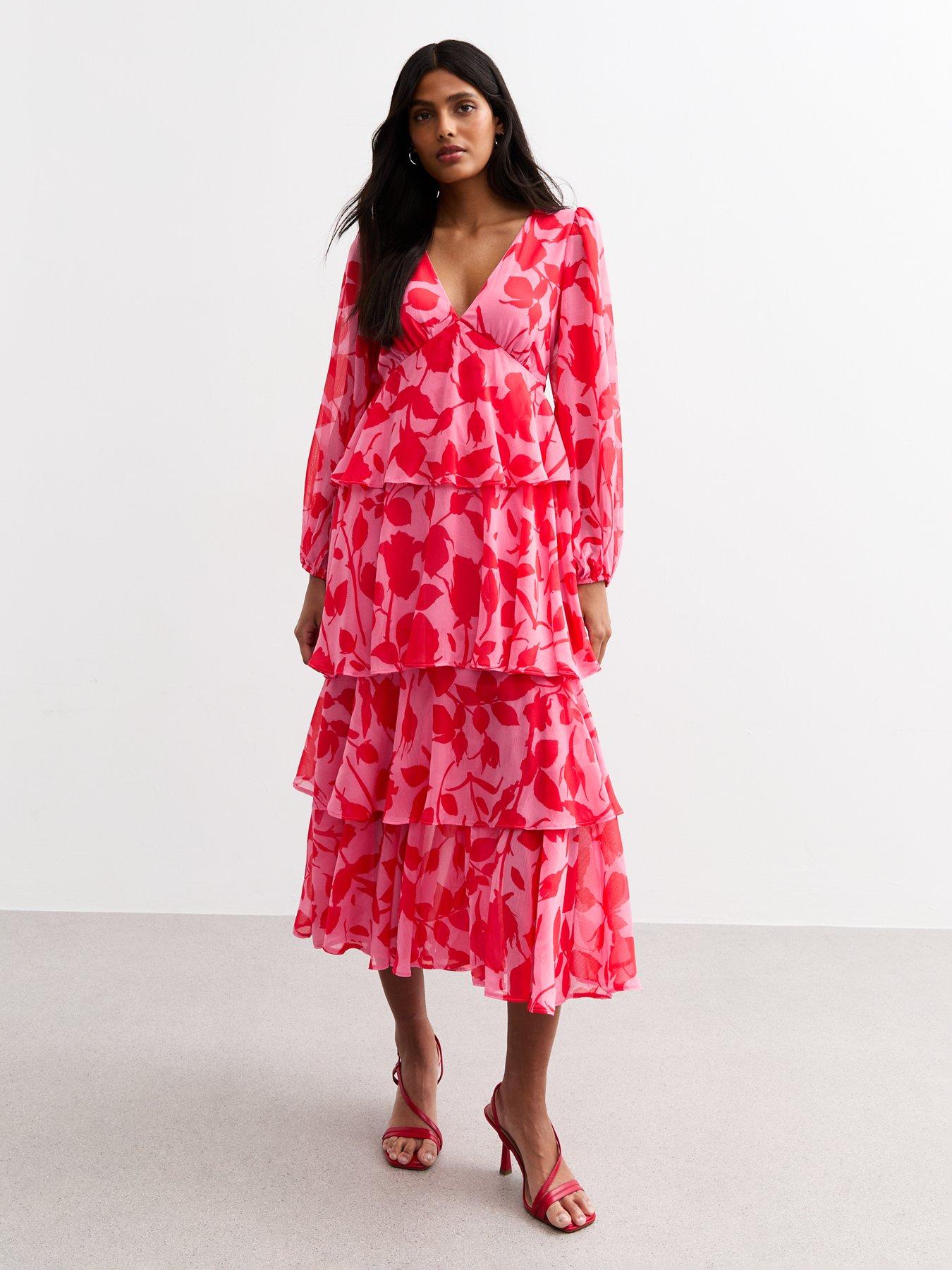 Image 3 of 4 of New Look Pink Floral Print Tiered Chiffon Midi Dress