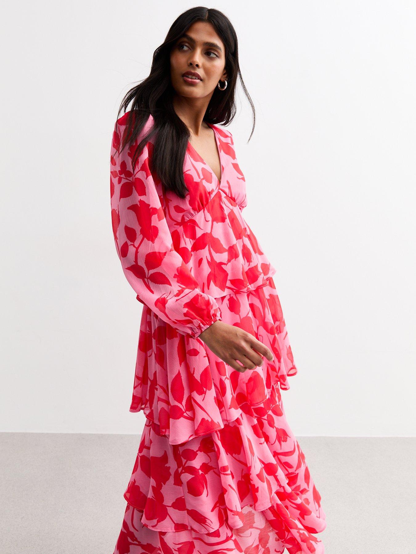 Image 4 of 4 of New Look Pink Floral Print Tiered Chiffon Midi Dress