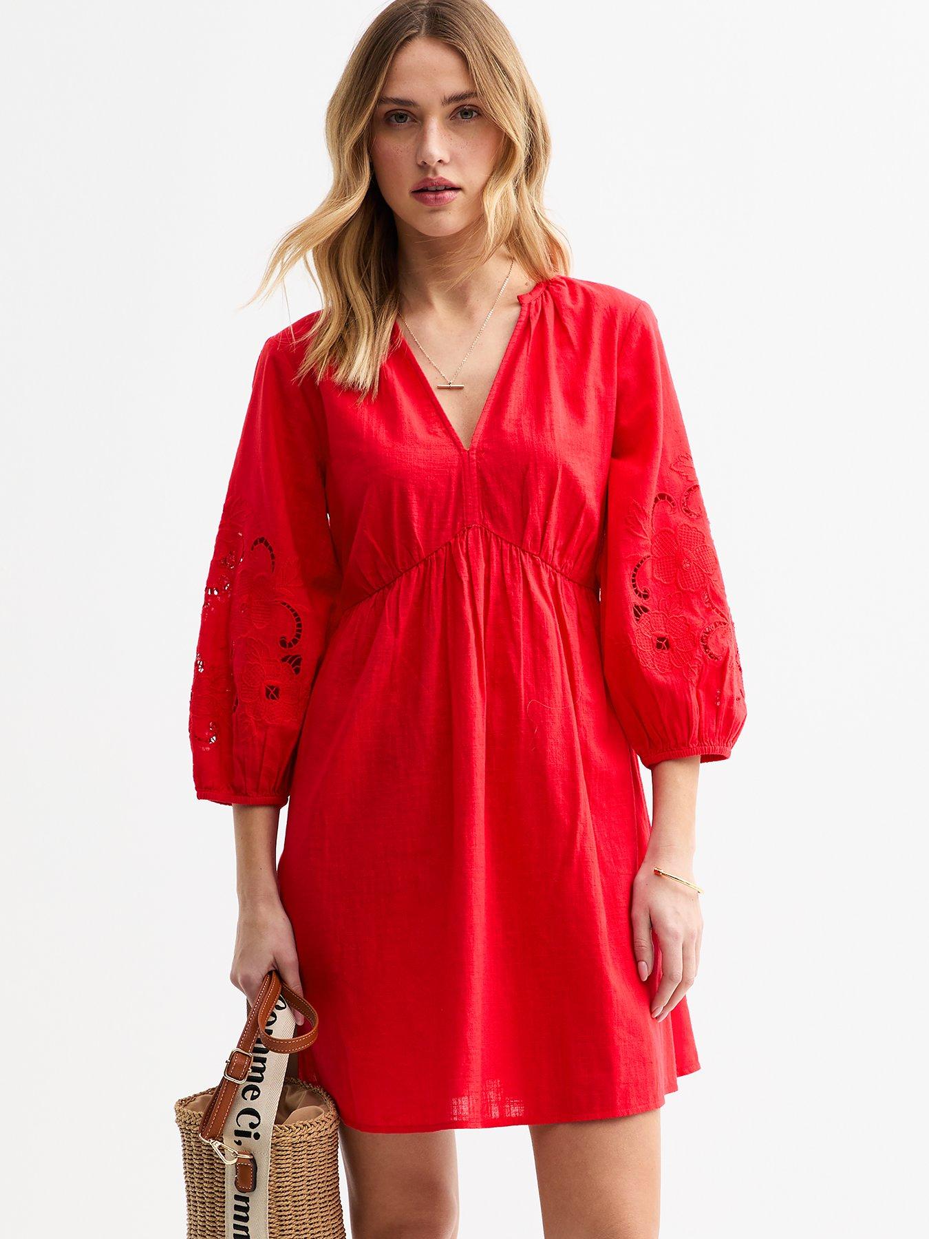 undefined Red Broderie Sleeve Smock Mini Dress