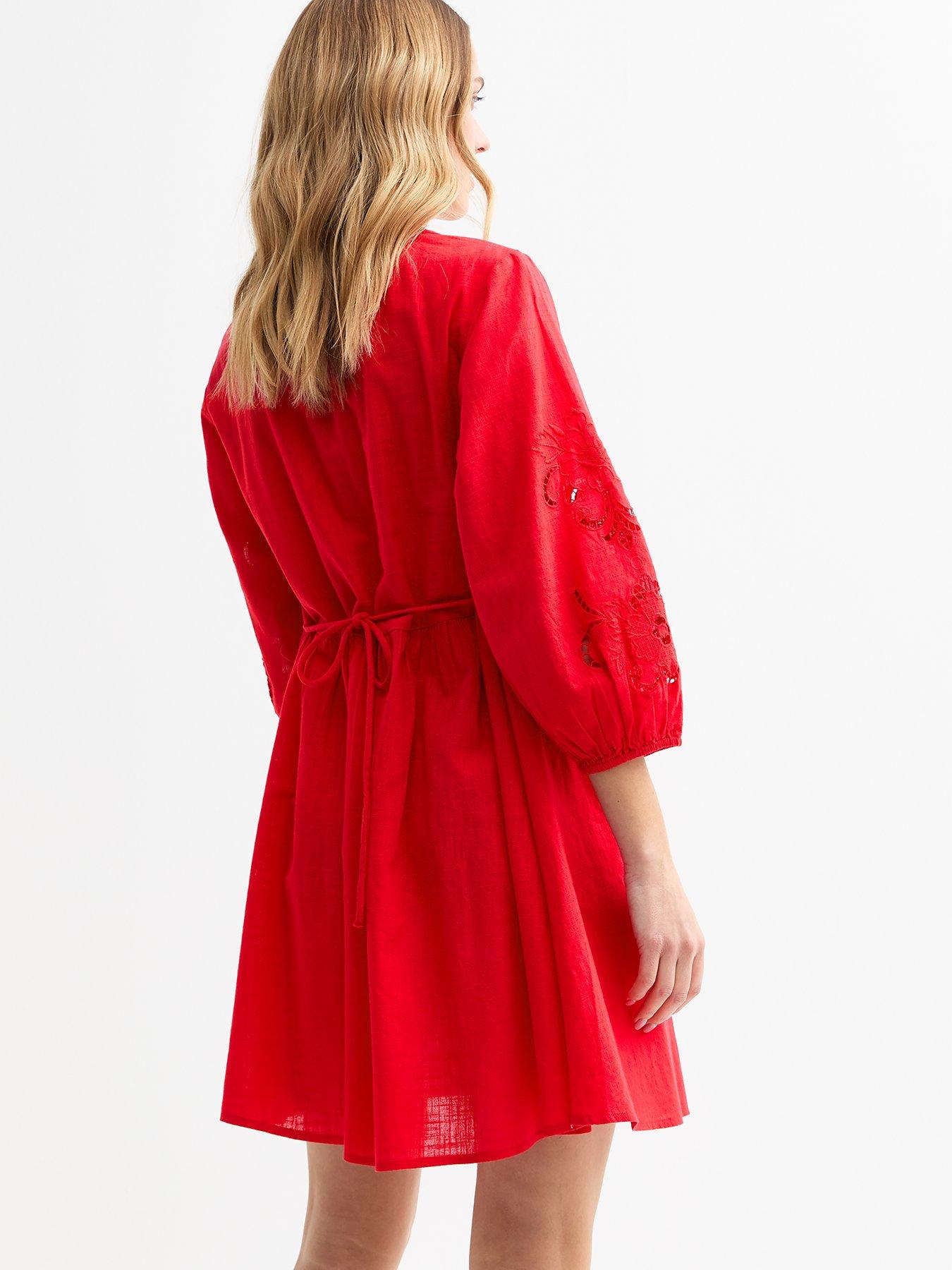 Image 2 of 5 of New Look Red Broderie Sleeve Smock Mini Dress