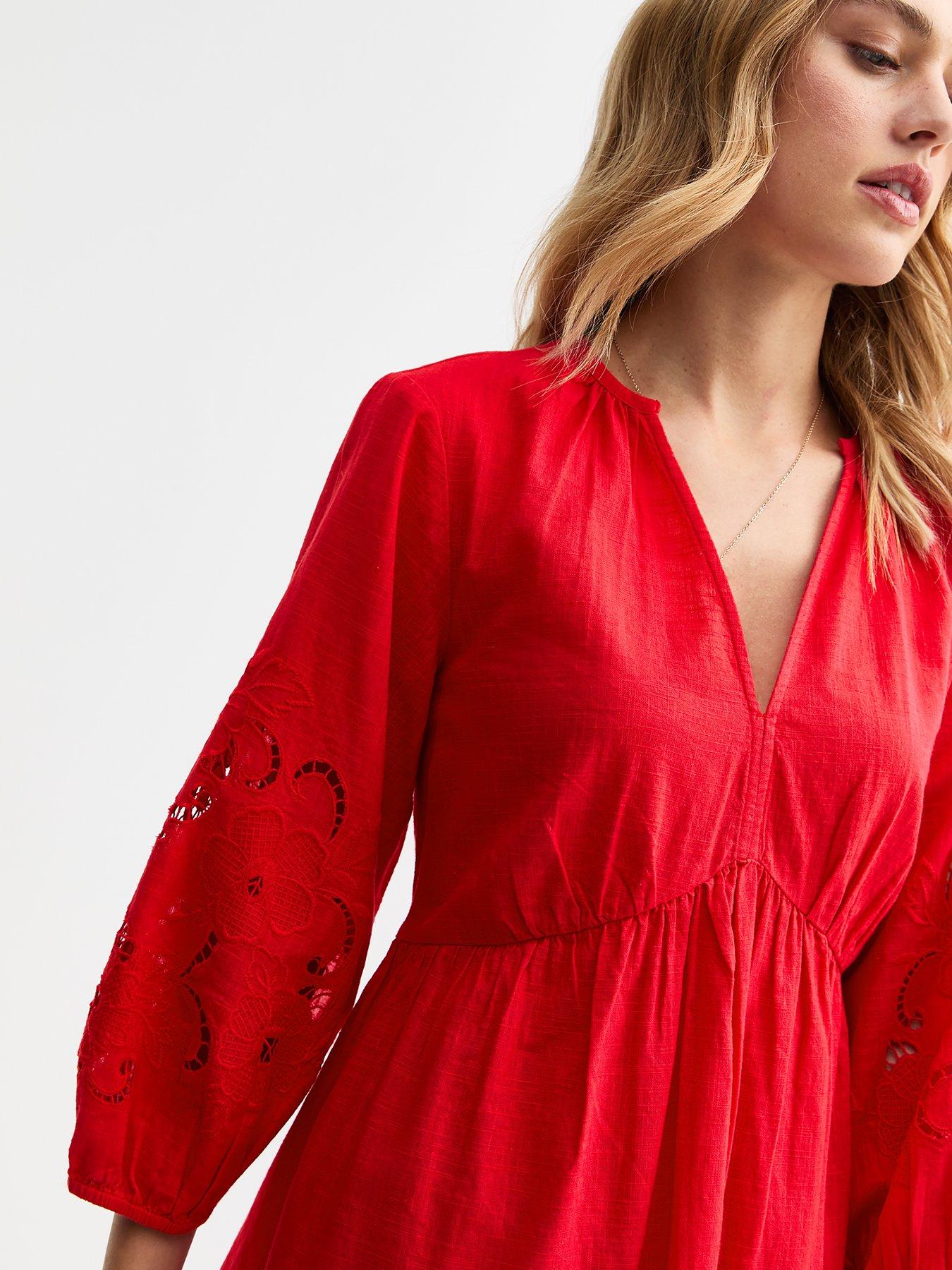 Image 4 of 5 of New Look Red Broderie Sleeve Smock Mini Dress