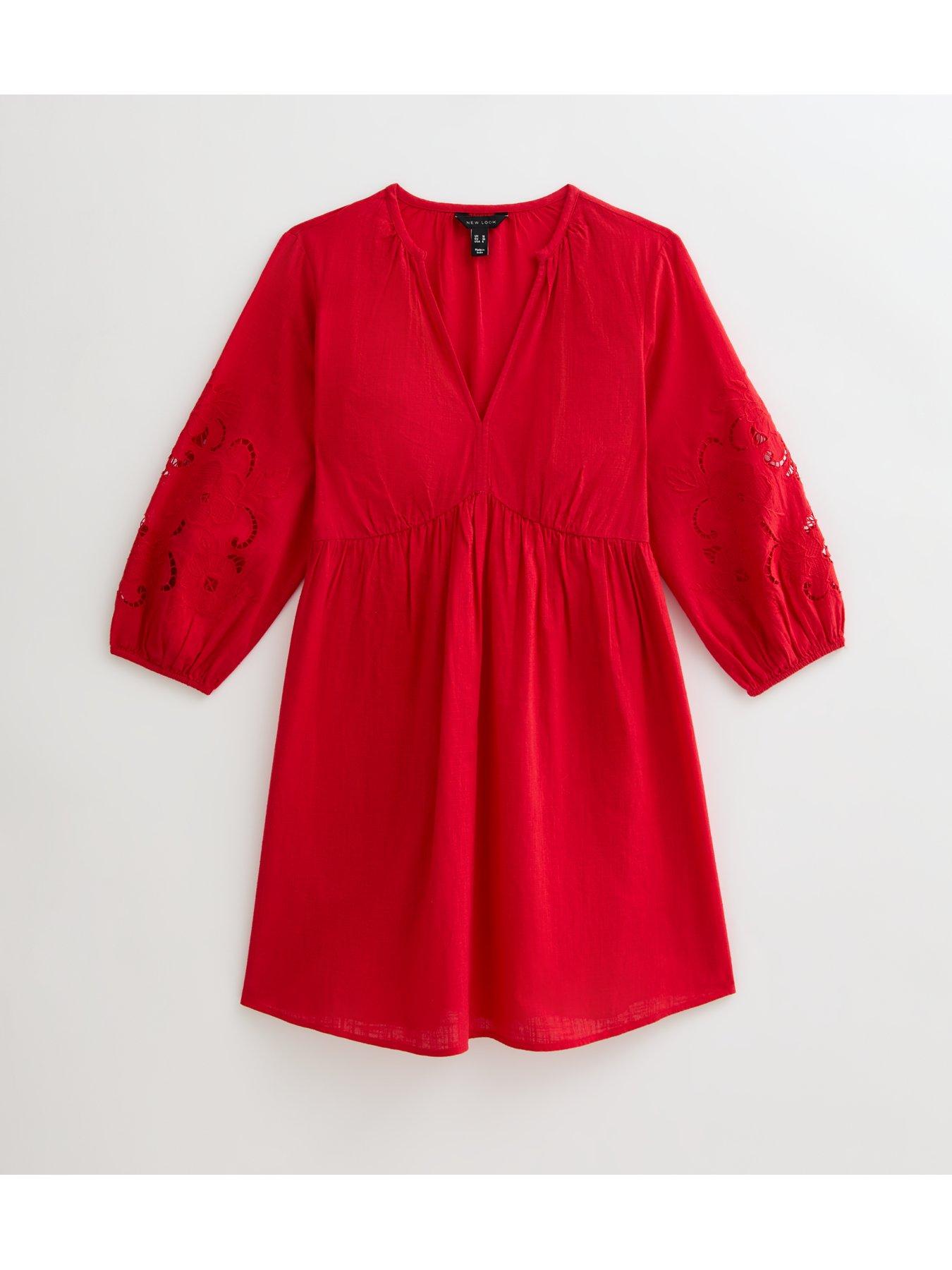 Image 5 of 5 of New Look Red Broderie Sleeve Smock Mini Dress