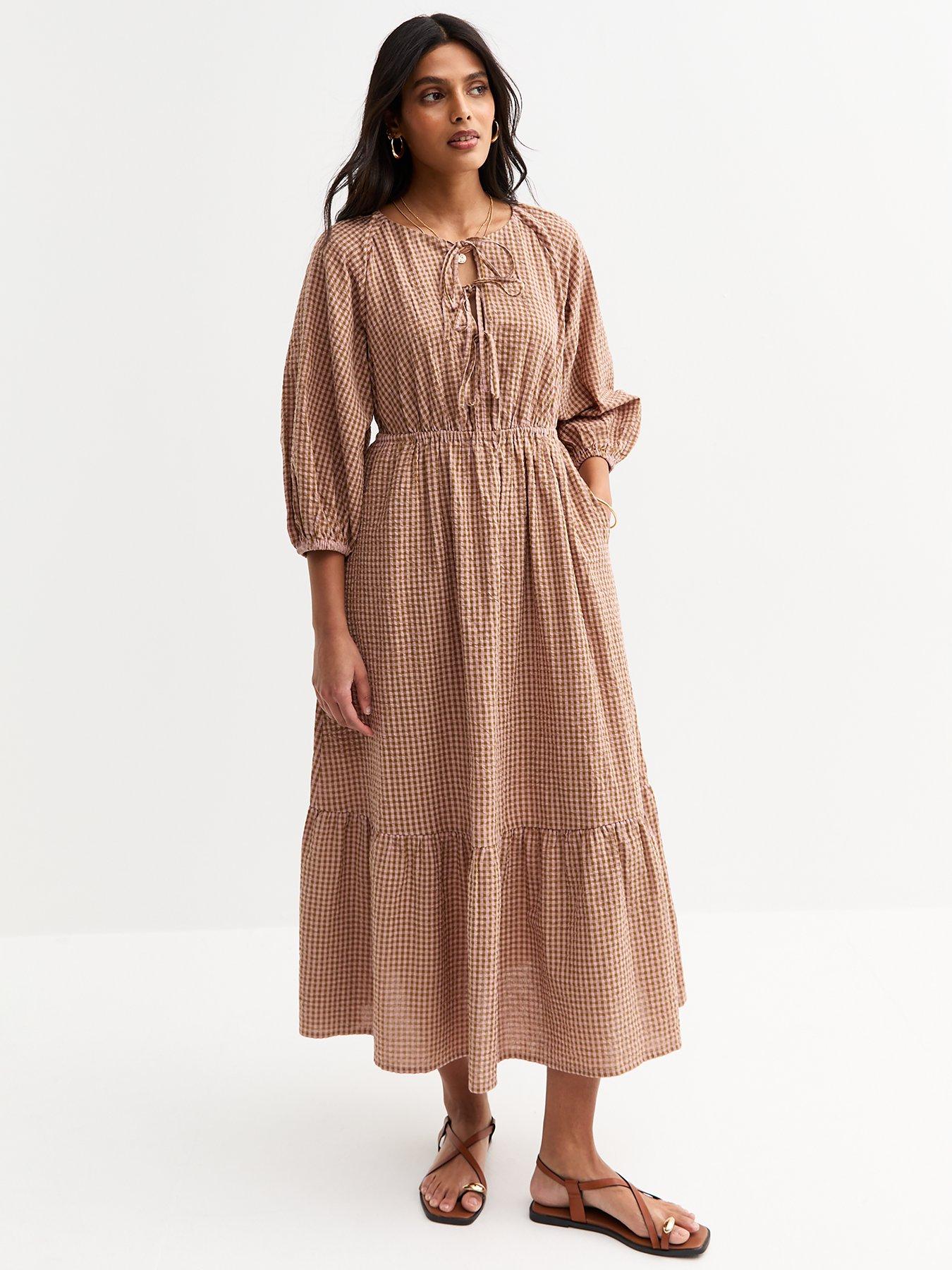 Image 1 of 4 of New Look Checked Midi Smock Dress - Brown