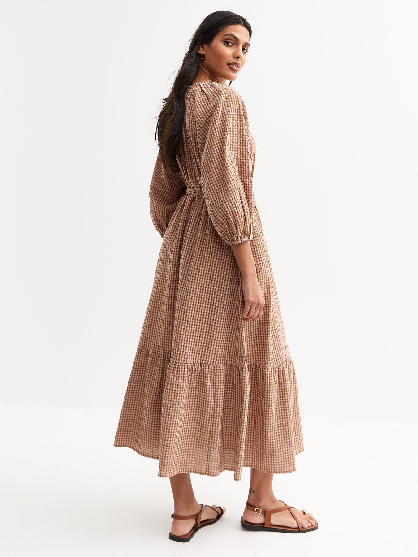 Image 2 of 4 of New Look Checked Midi Smock Dress - Brown