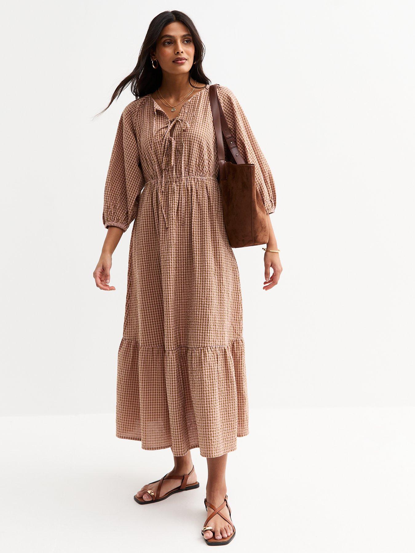 Image 3 of 4 of New Look Checked Midi Smock Dress - Brown