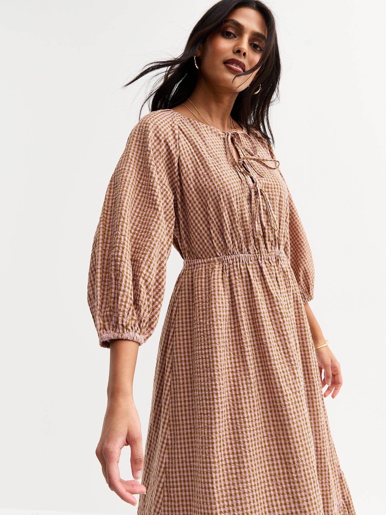 Image 4 of 4 of New Look Checked Midi Smock Dress - Brown