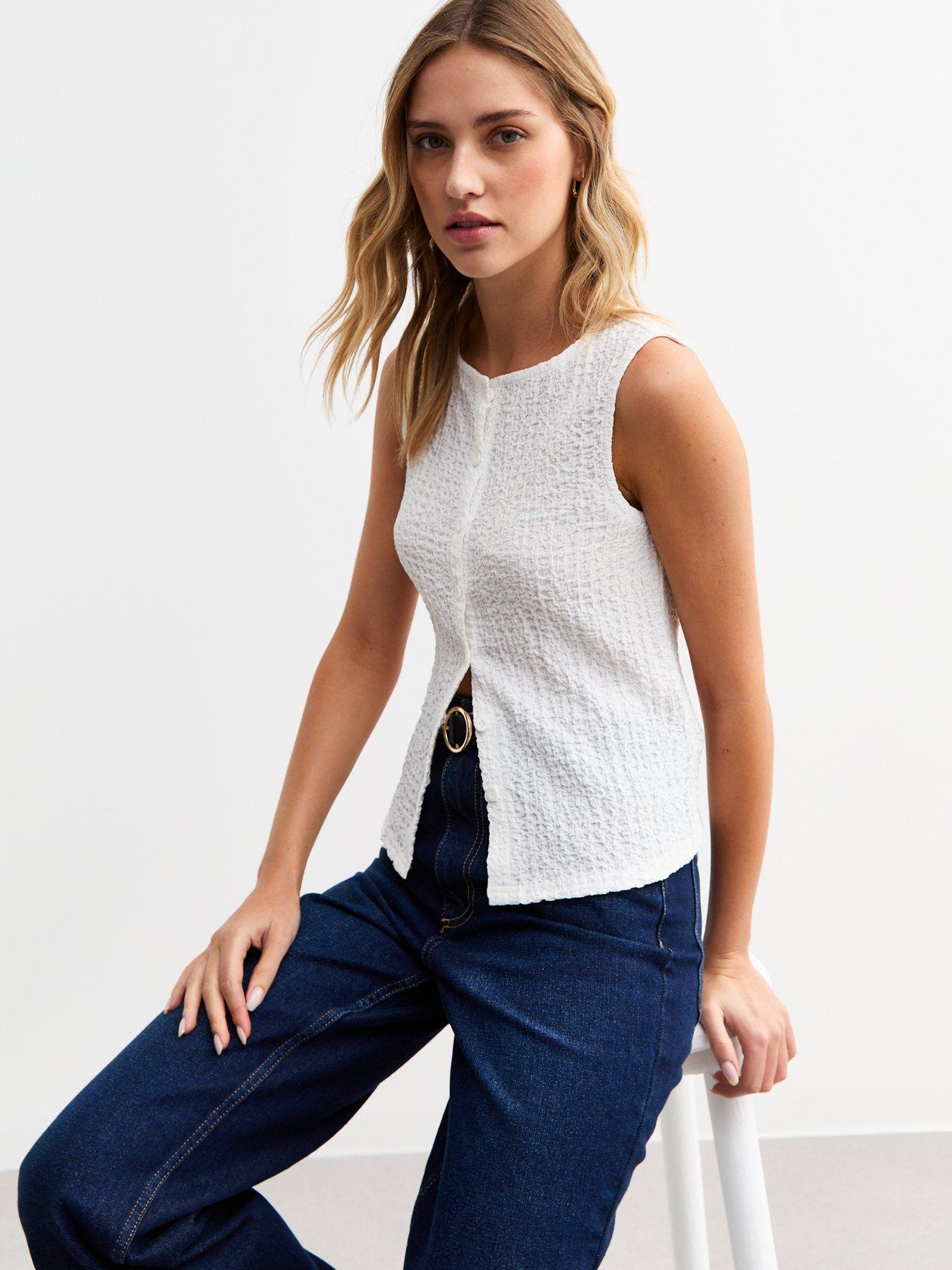 undefined Off White Crinkle Crew Neck Button Through Waistcoat