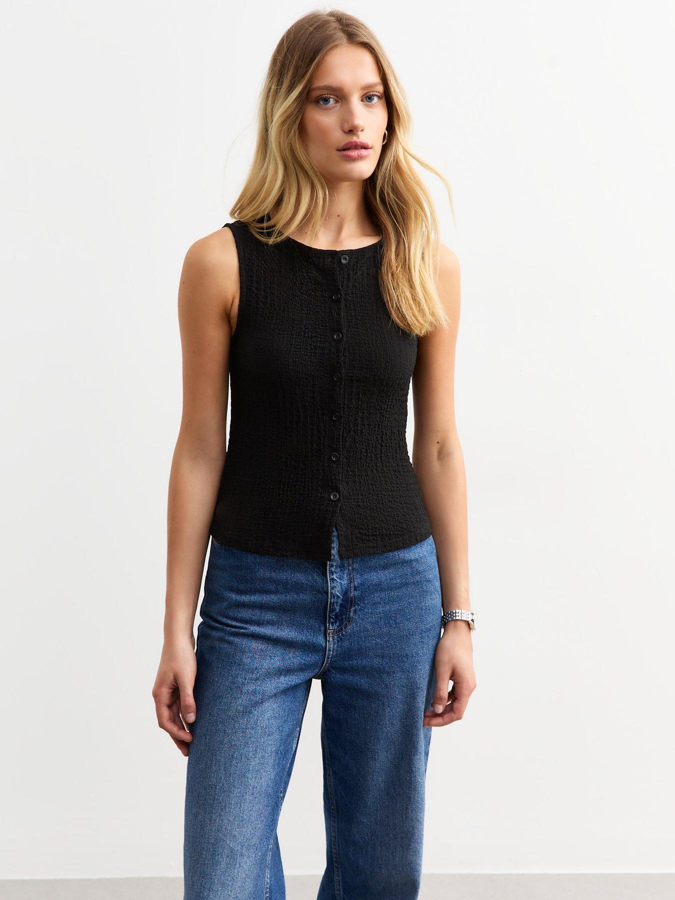 undefined Black Crinkle Crew Neck Button Through Waistcoat