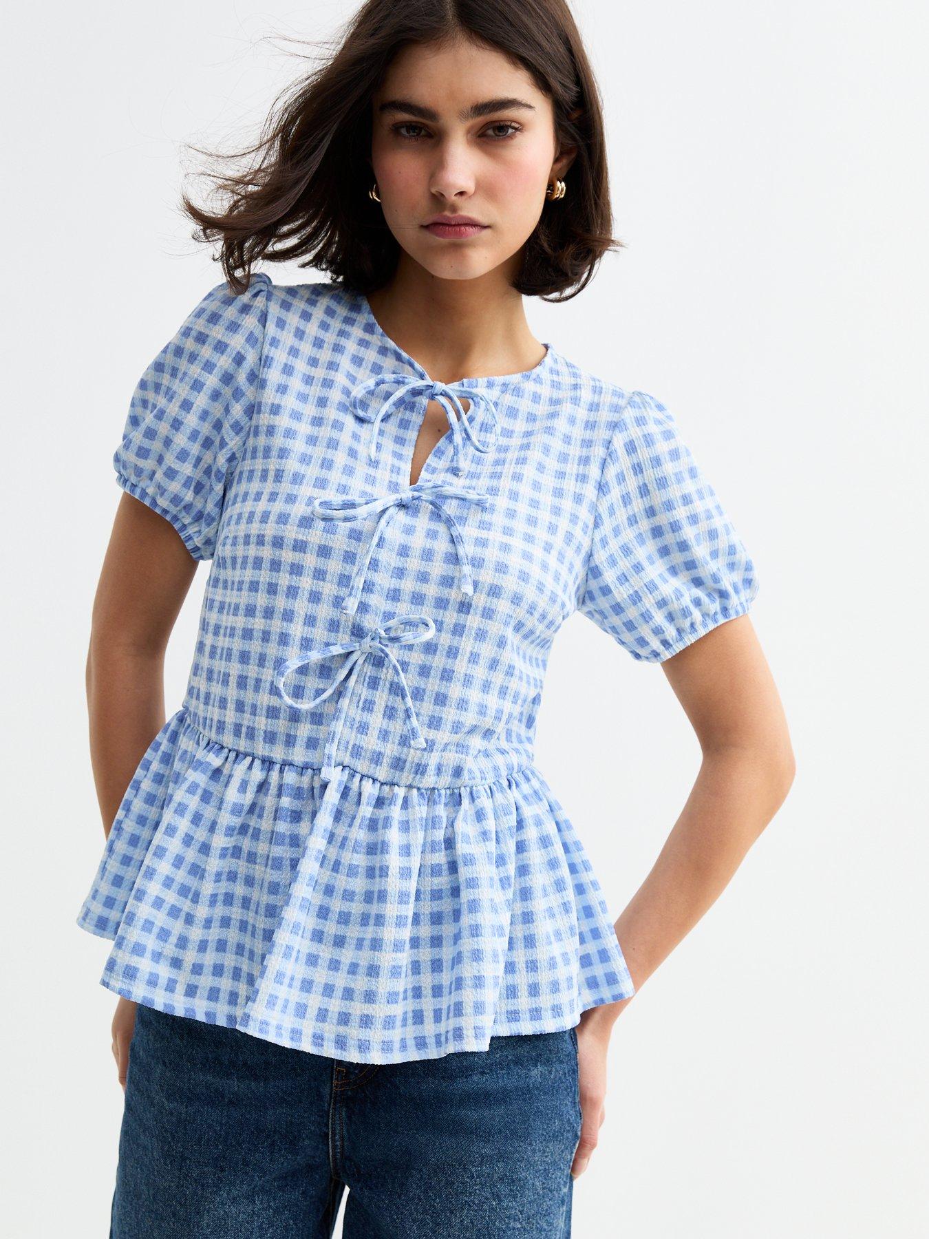 undefined Blue Gingham Tie Front Peplum Top