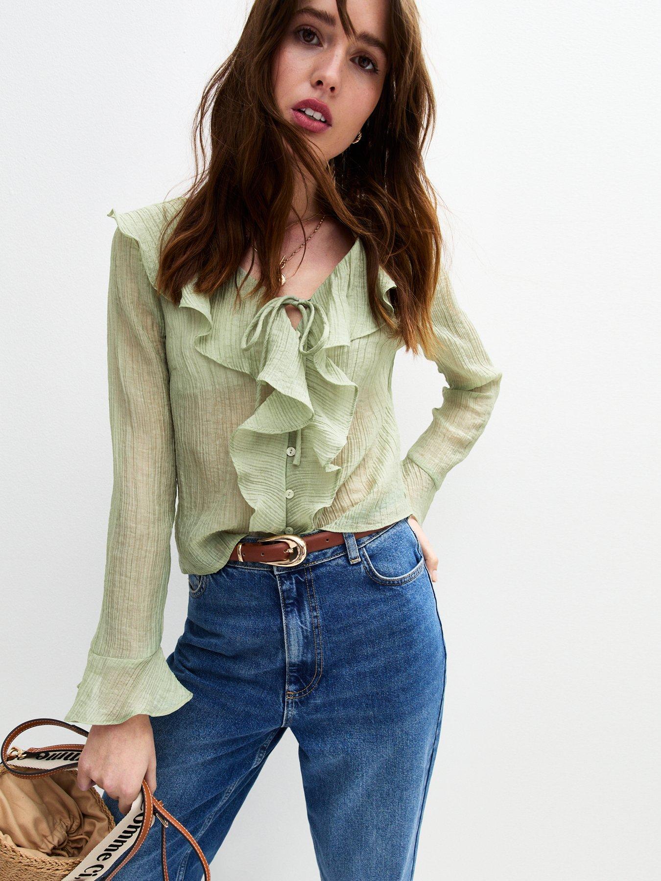 undefined Textured Ruffle Tie Shell Top - Green