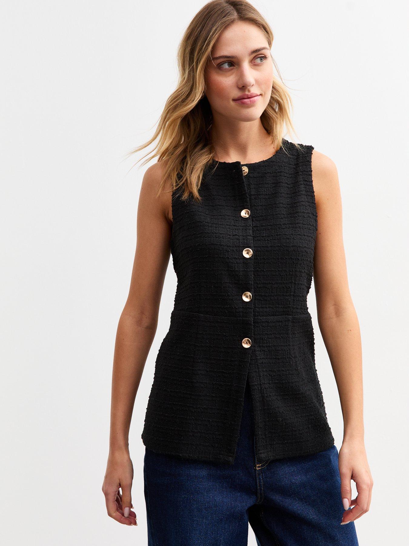 undefined Boucle Crew Neck Button Up Waistcoat - Black