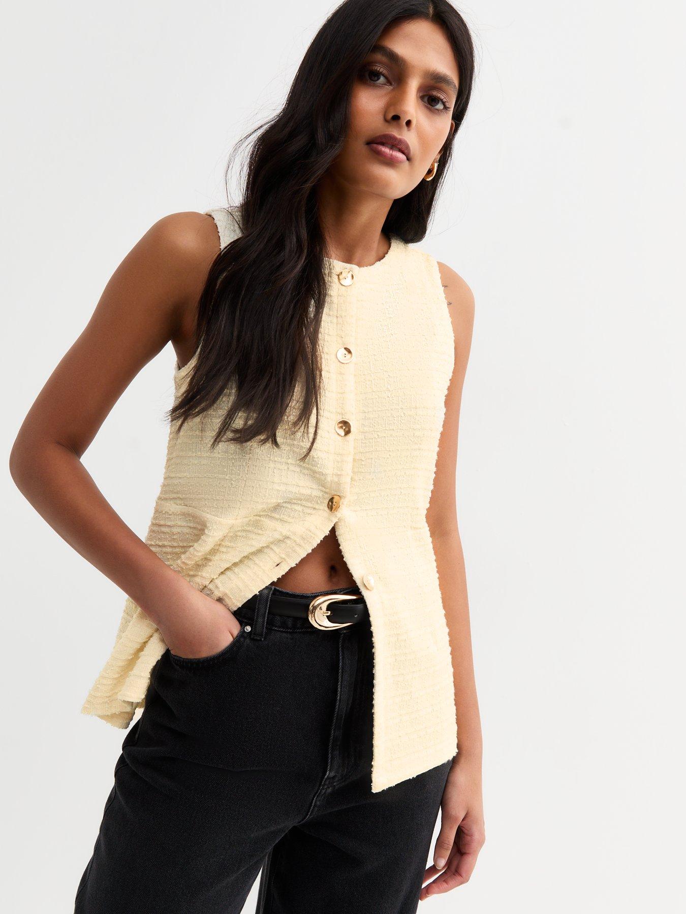 undefined Light Yellow Boucle Crew Neck Button Up Waistcoat